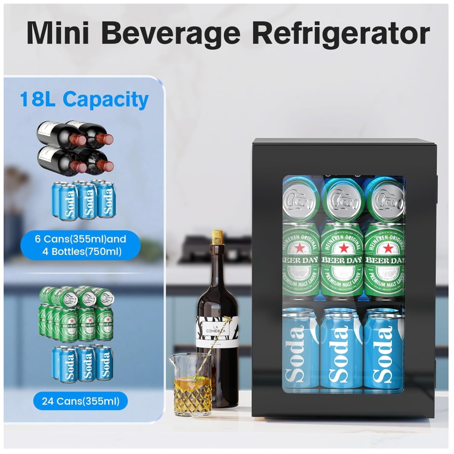 24-Can Mini Beverage Fridge, Adjustable Temp Control
