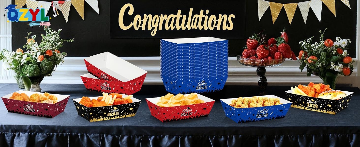 50 Pcs Graduation Decorations 2026, 2 Styles Graduation Food Trays Blue Serving