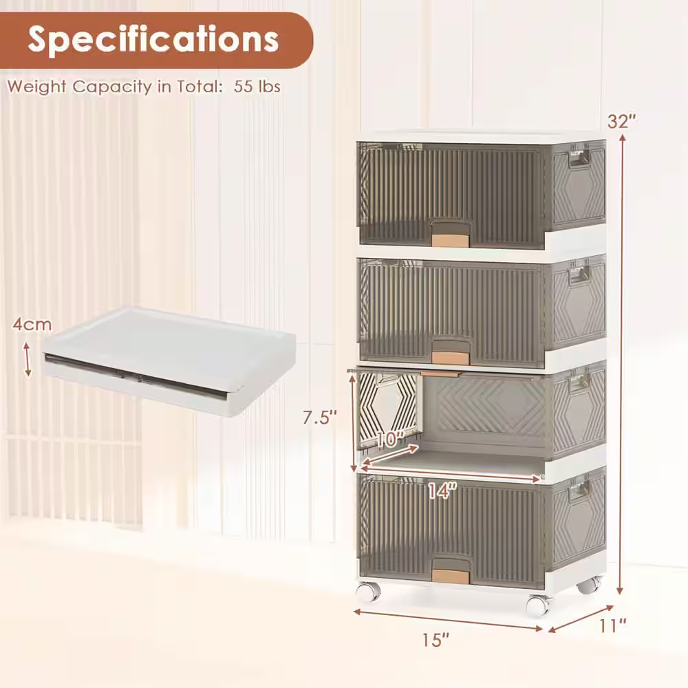 18 Gal. 4-Cube Stackable Storage Bins in White and Brown with Detachable Wheels