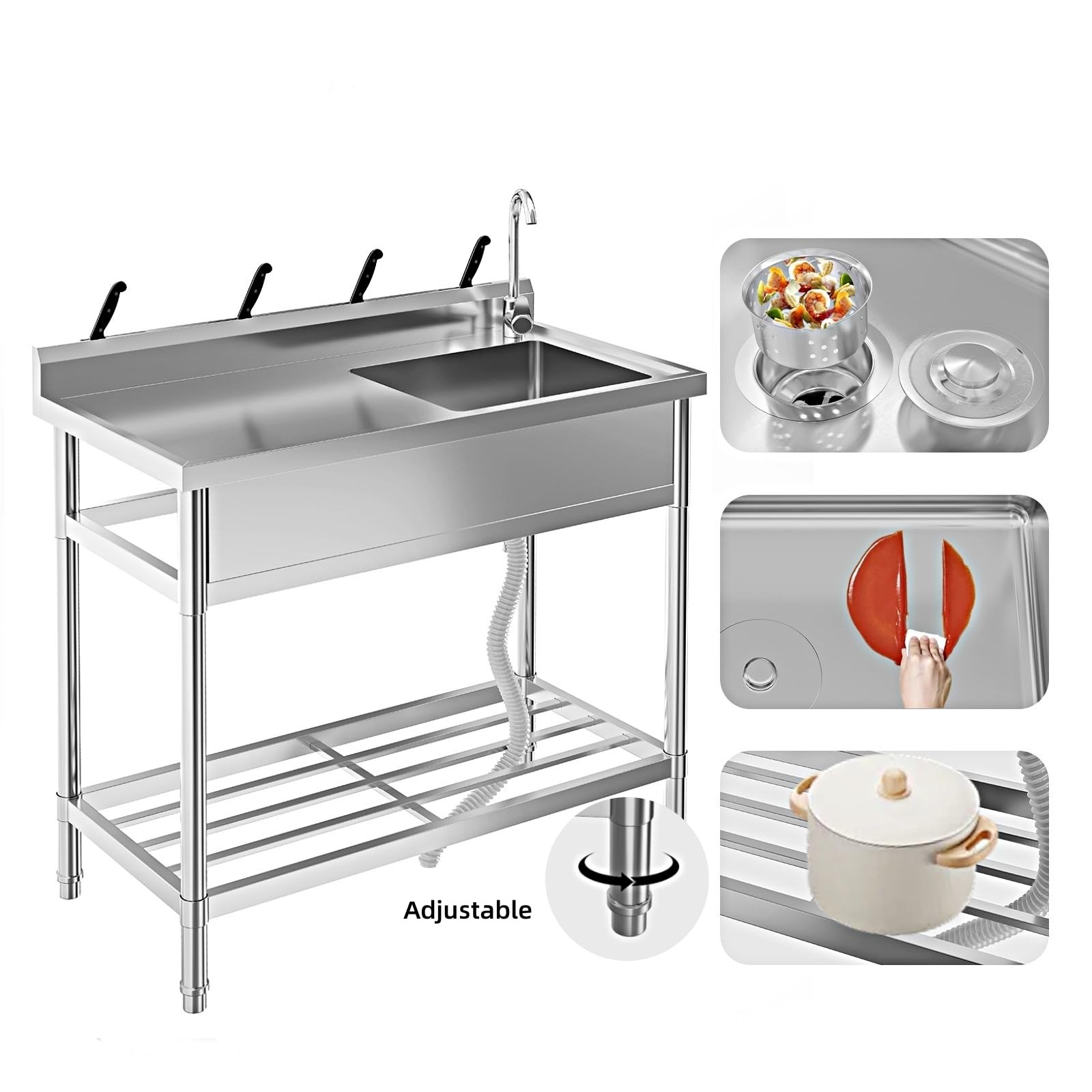Stainless Steel Utility Sink Free Standing Single Bowl Commercial Kitchen Sink