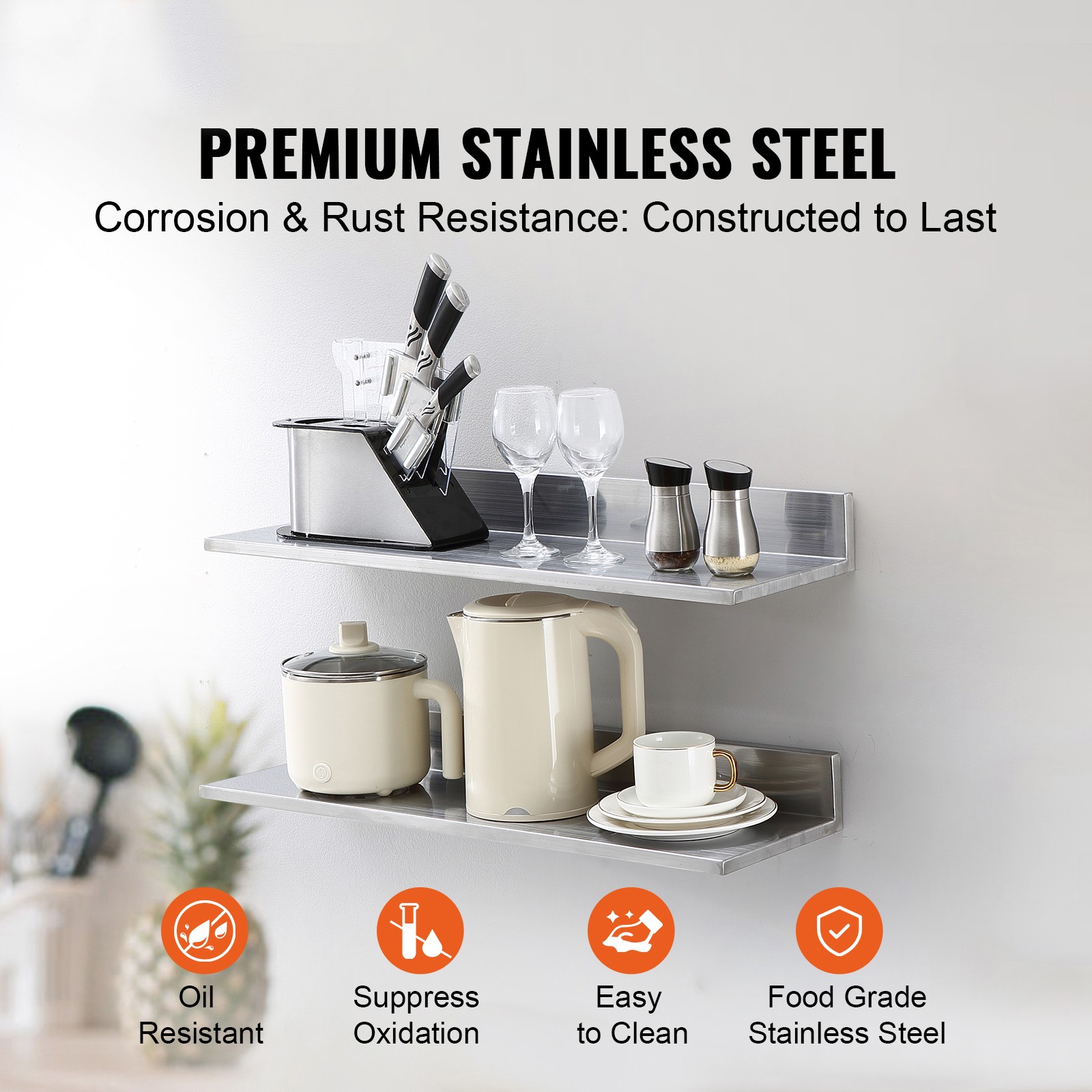 2PCS 30″ x 8.6″ Stainless Steel Wall Mounted Shelf Kitchen Restaurant Shelving
