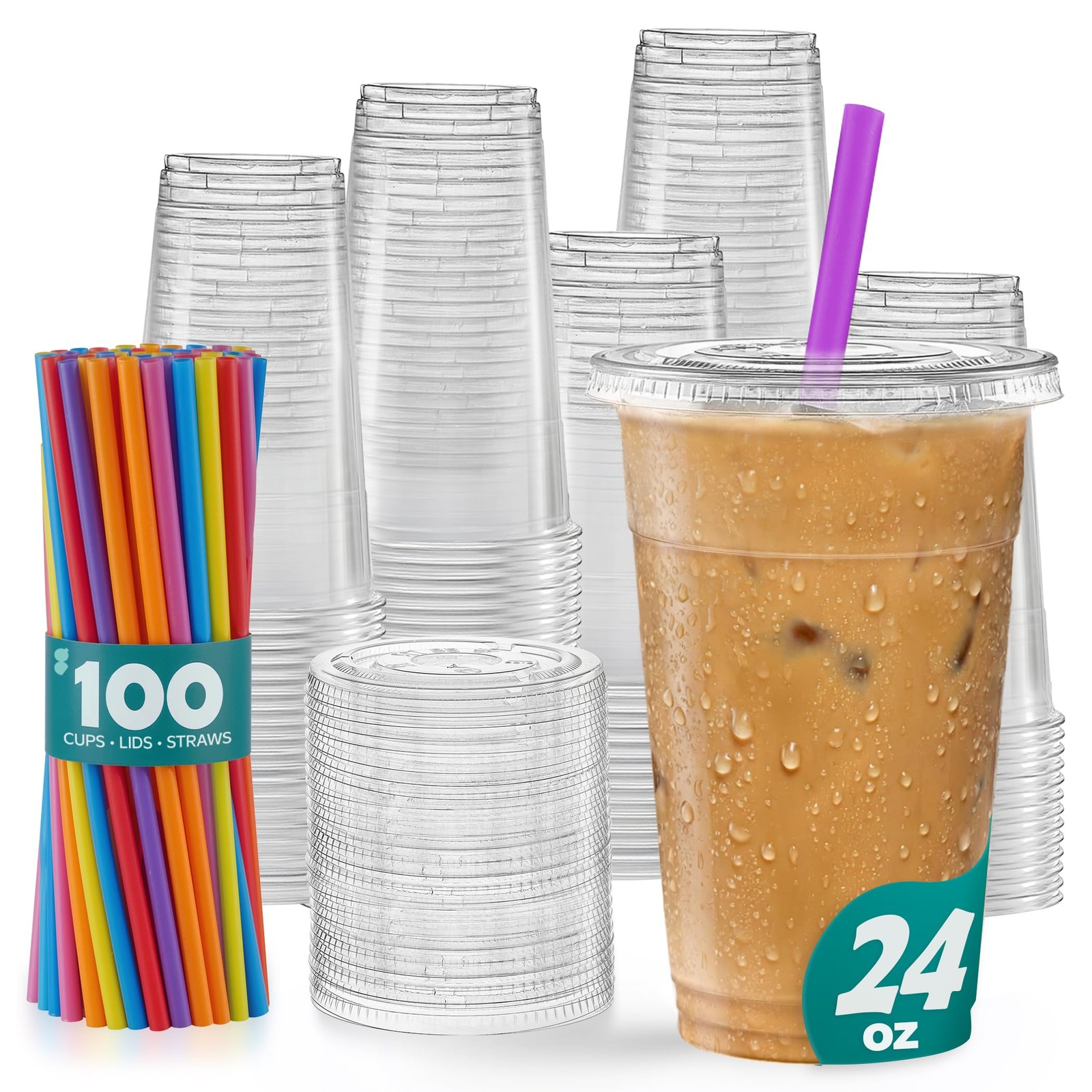 [24 oz. – 100 Count Clear Cups with Flat Lids & Straws – Disposable Clear Dri…