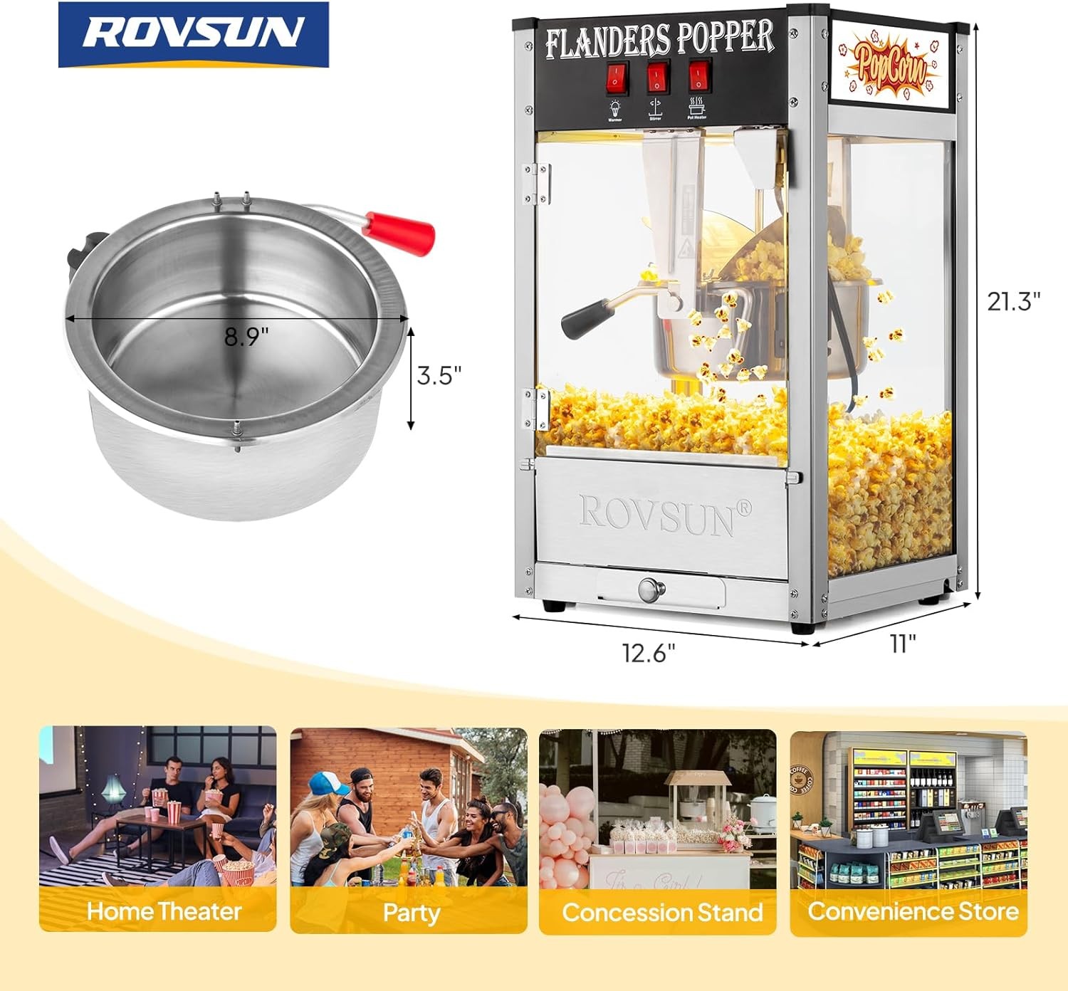 ROVSUN 8oz 32 Cups Commercial Popcorn Popper Maker Machine 850W Bar Service