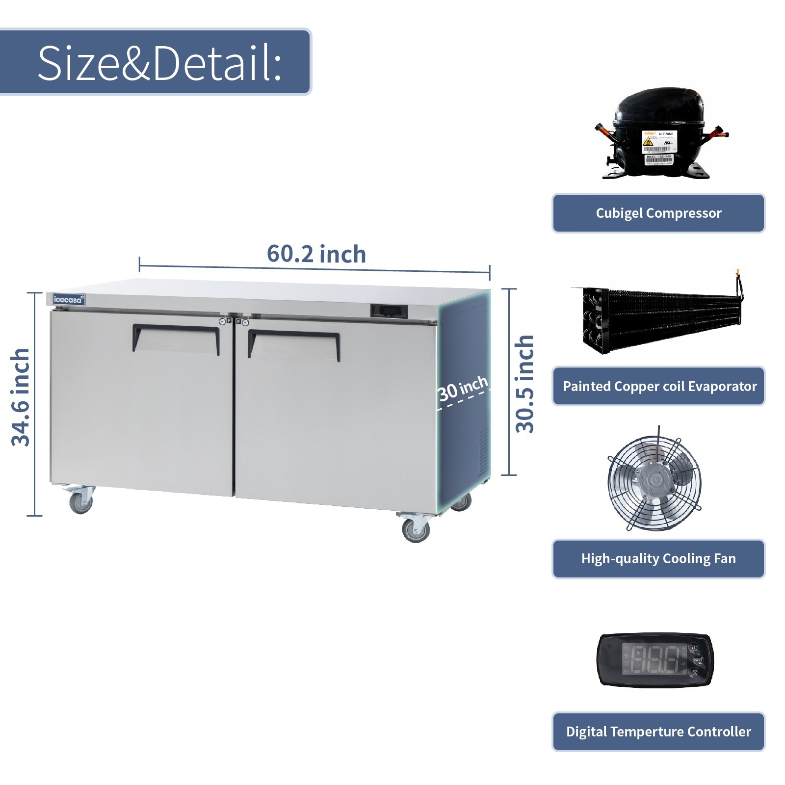 2 Door Undercounter Freezer, ICECASA 60″ Commercial Lowboy Worktop Freezer