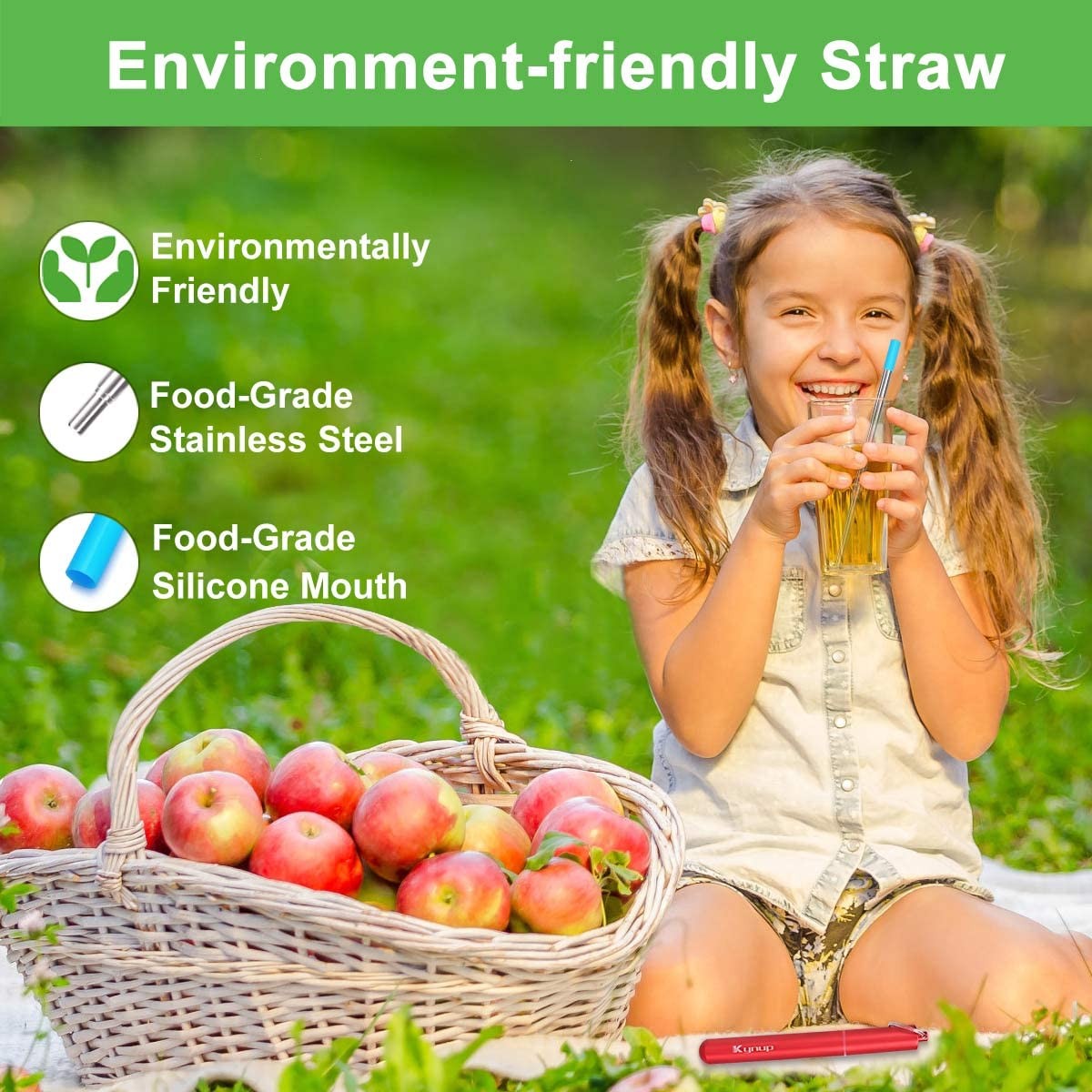 Kynup 4Packs Reusable Straws, Metal Straw with Small, Blue-Black-Red-Silver