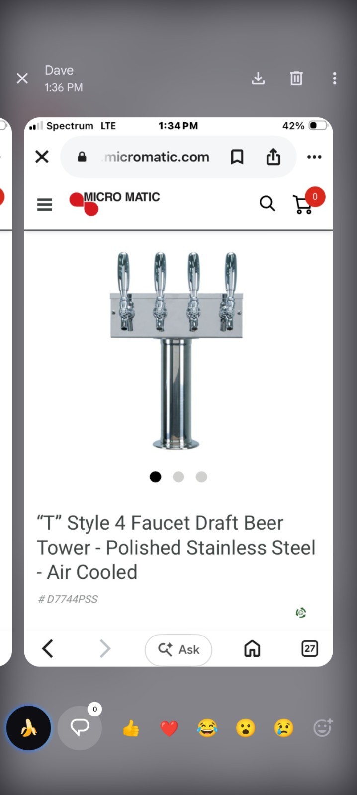 Stainless Steel Draft Beer Tower 4 Faucets Air Cooled Micro Matic D7744pss NEW