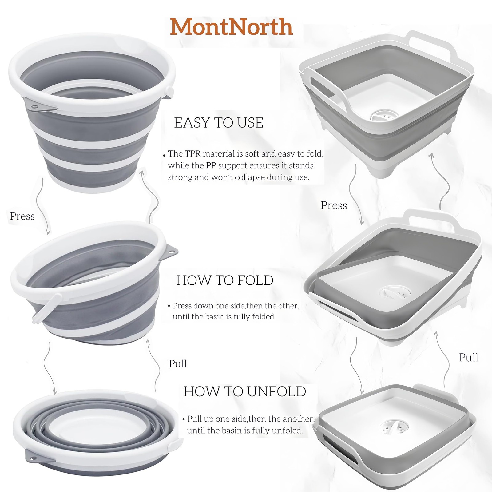 MontNorth Collapsible Basin Bucket,9L 12x12x7.9 inches, Gray – Set of 2
