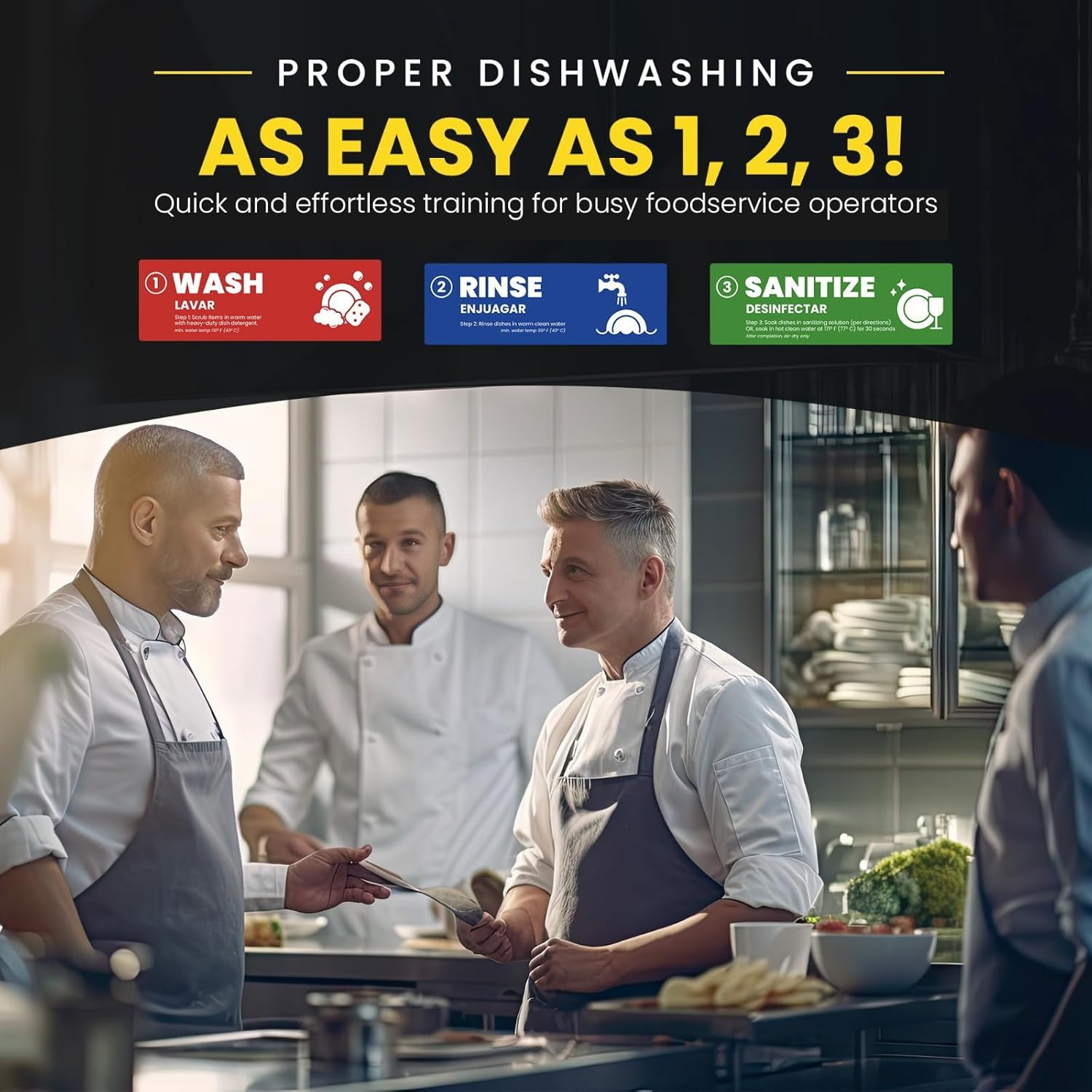 [Enhanced] Wash Rinse Sanitize Sink Labels, Hand Wash Only, and Employee Must Wa