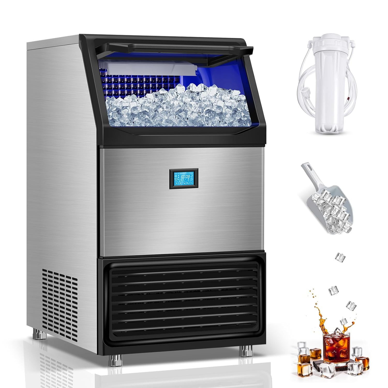 High Capacity Commercial Ice Maker 550LBS/24H with 185LBS Storage Bin