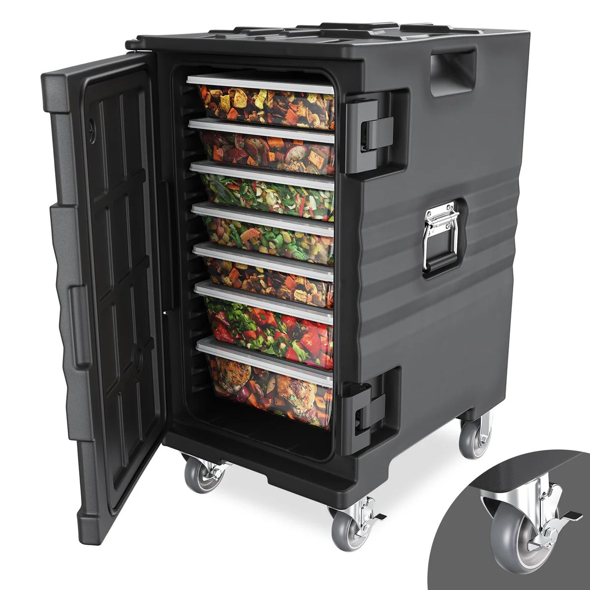 Portable 109QT Portable Food Warmer – 4 Lockable Wheels, 3-5H Cold, 7 Pans Black