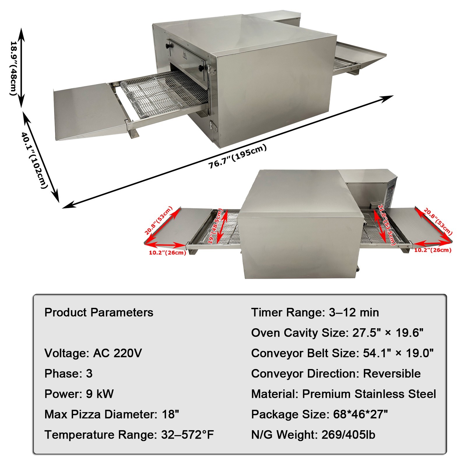 Commercial Countertop Conveyor Pizza Oven (220V 3PH, 9kW, 18″ Pizza, 0-300℃)