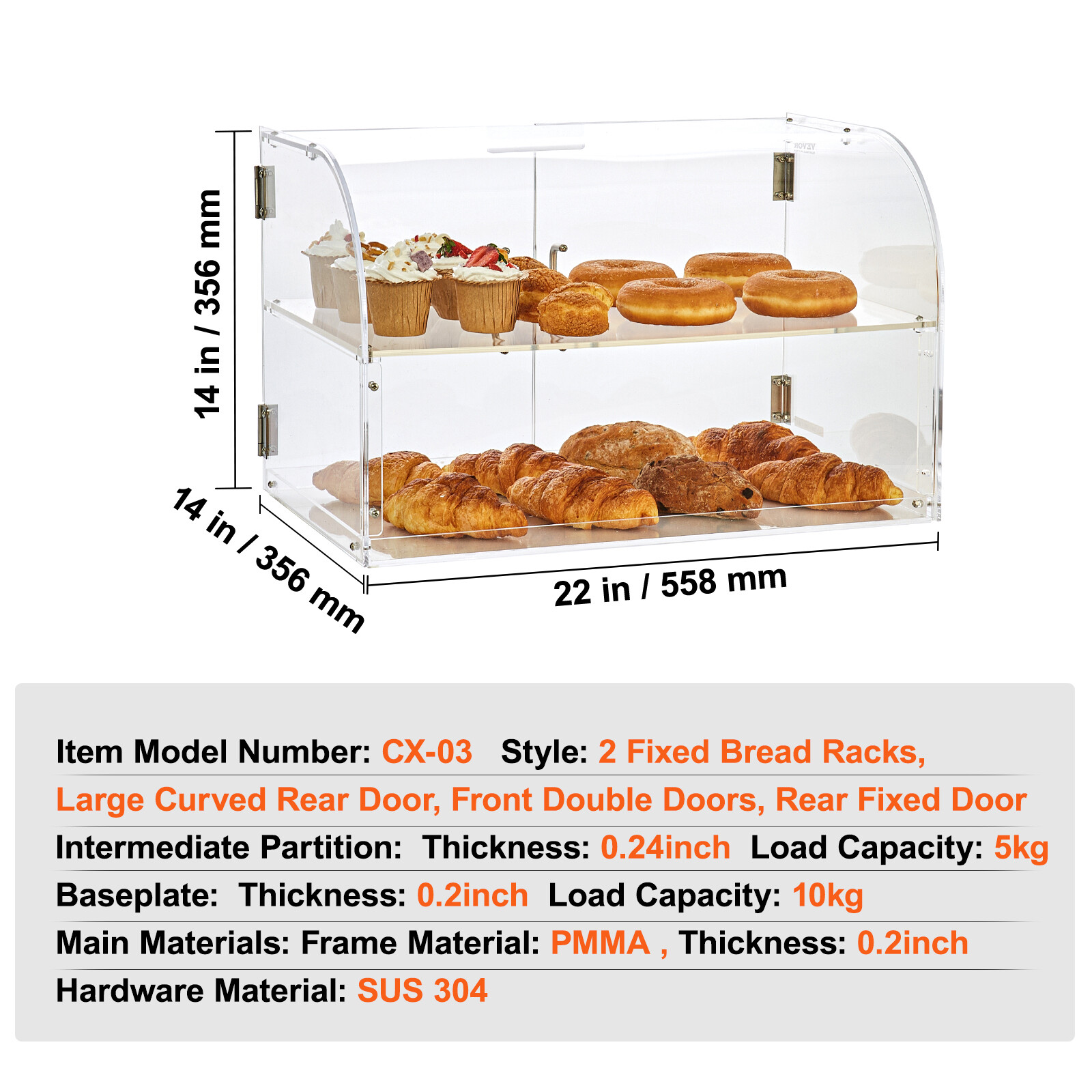 VEVOR 2-Tier Acrylic Bakery Display Case Countertop Donut Pastry Case Rear Door