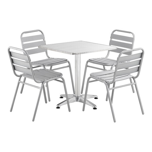27 1/2» Square Chrome Metal Restaurant Table with 4 Slat Back Armless Chairs