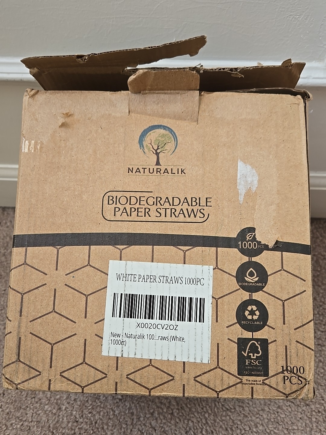 1000 count Naturalik Biodegradable Paper Straws White * OPEN BOX