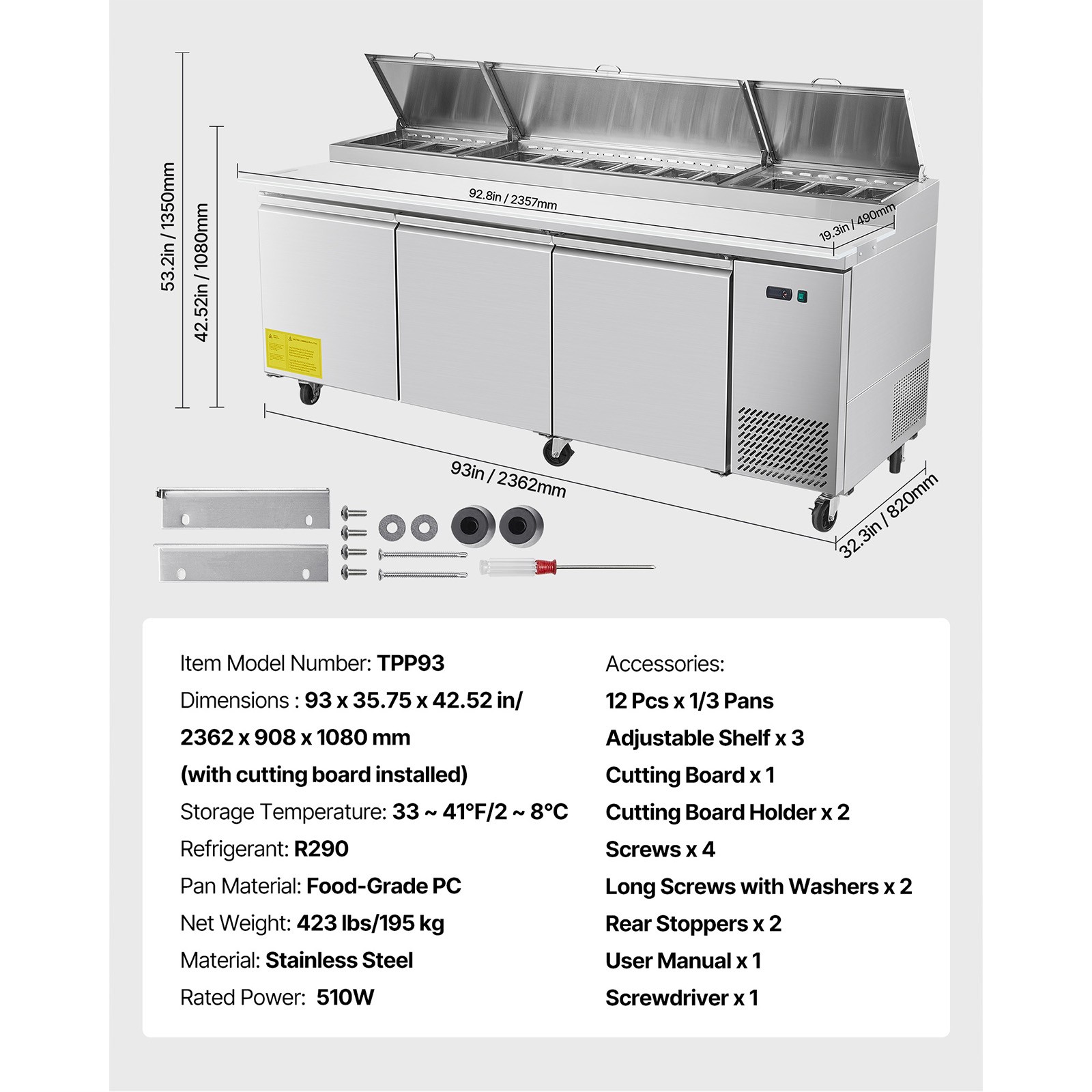 Uimoso 93 Inch Pizza Prep Refrigerated Prep Table Stainless Steel 3 Doors Fridge
