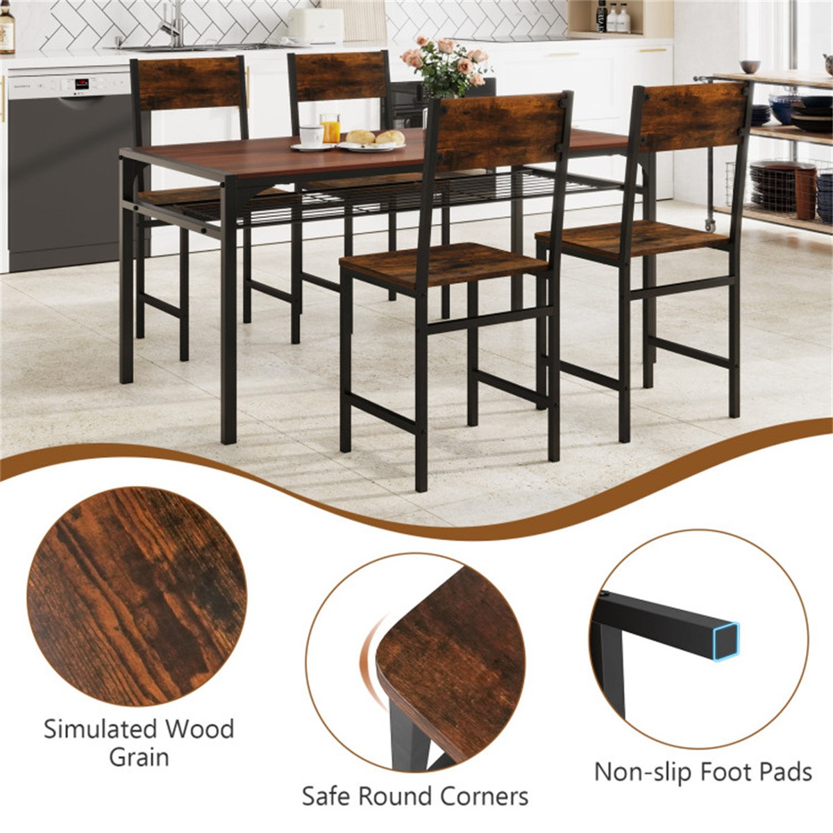 4 PCS Industrial Dining Chairs, 330LBS Capacity Metal Frame Kitchen Side Chairs