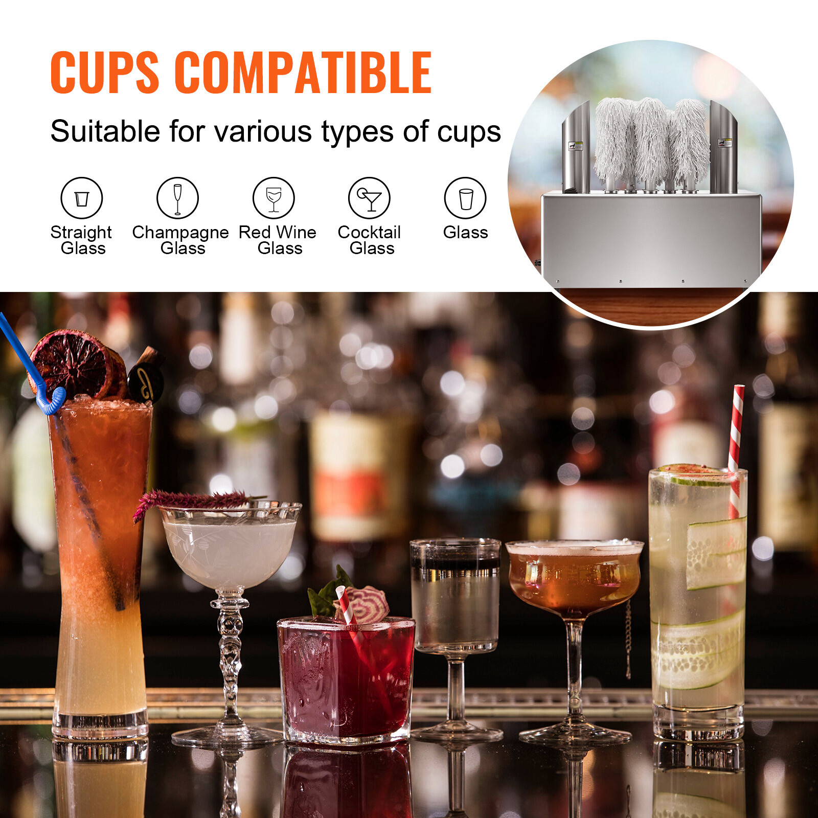 Wine Glass Polisher 8-Brush Polishing Machine 660Cups/H for Bar Restaurant