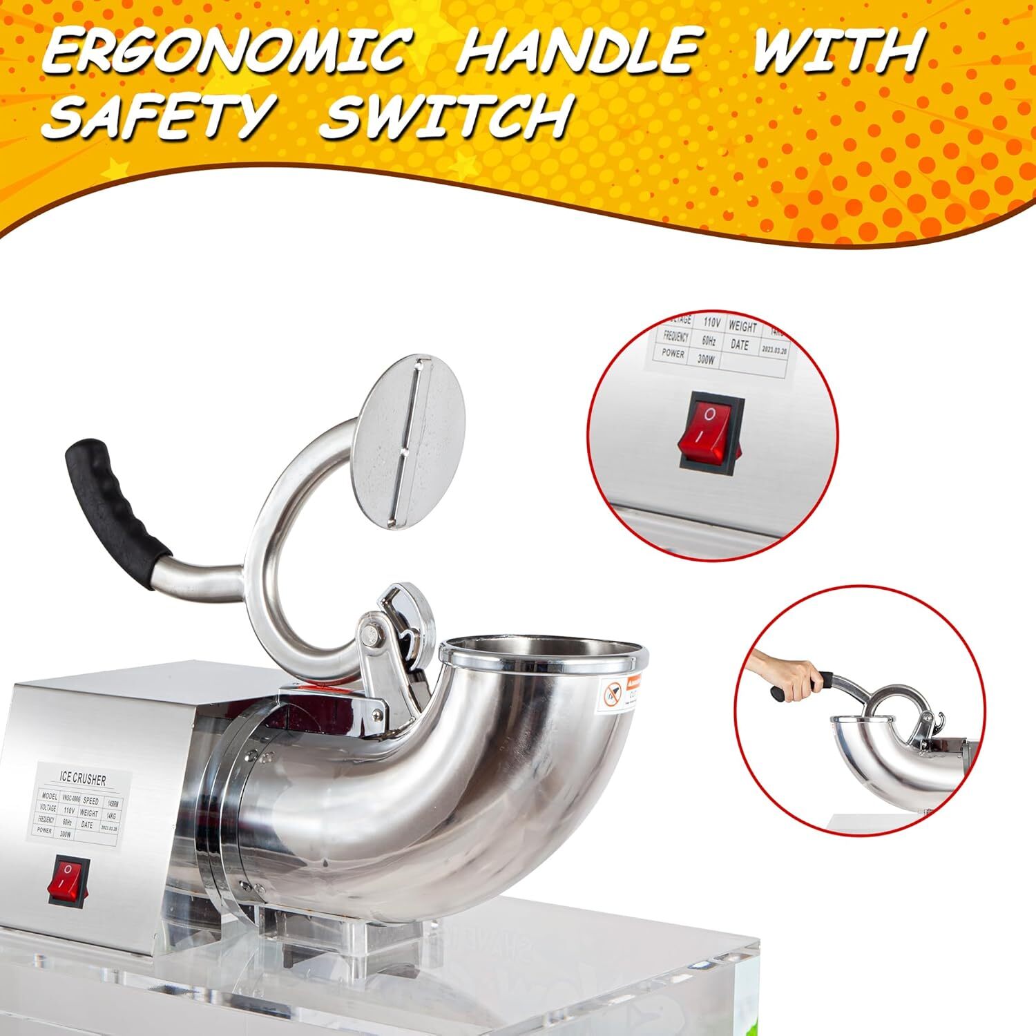 500lbs/h Electric Snow Cone Machine Ice Shaver Maker Shaving Crusher Dual Blades