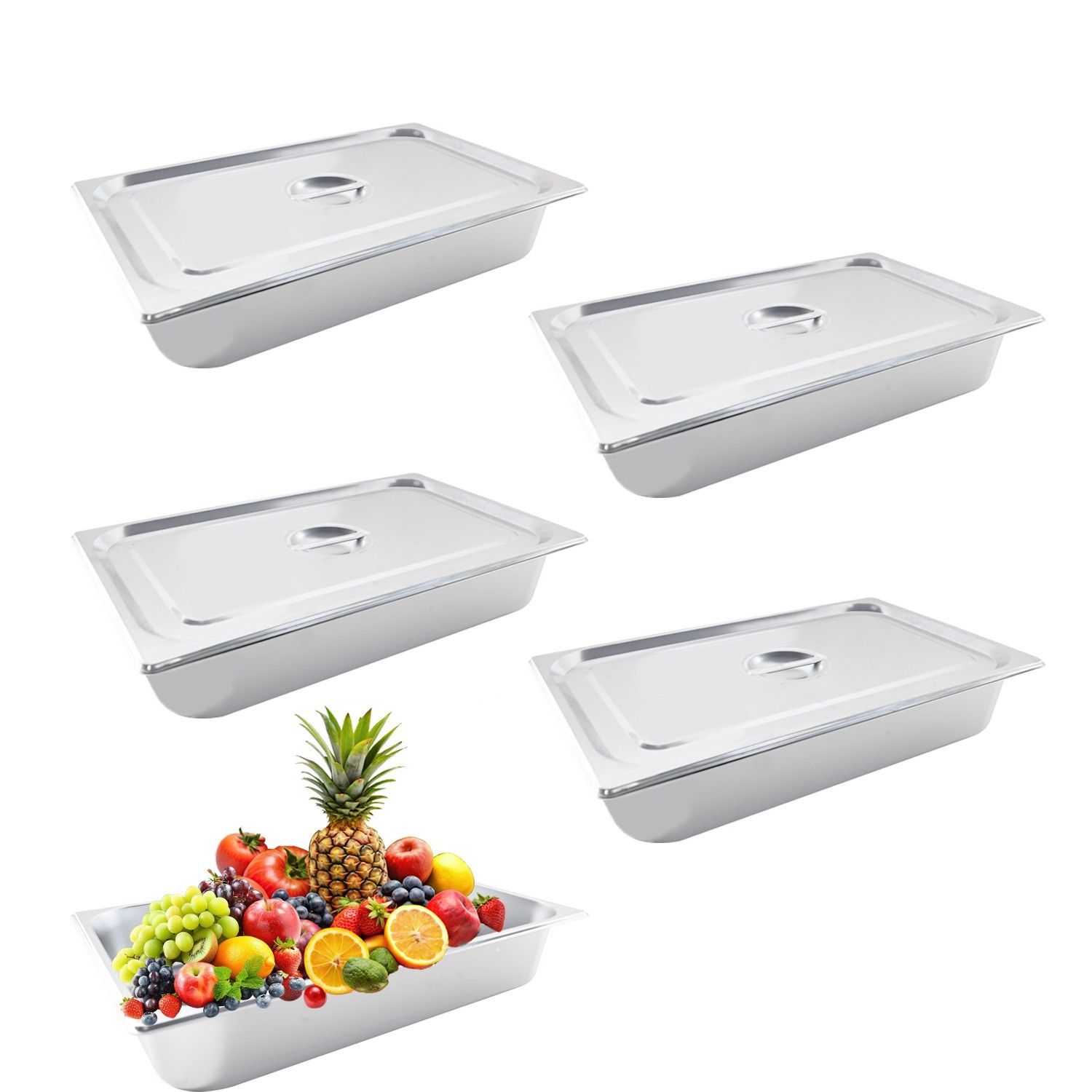 4 Pack Stainless Steel Full Size 4» Deep Steam Table Pan w/ Lid Hotel Food Pans