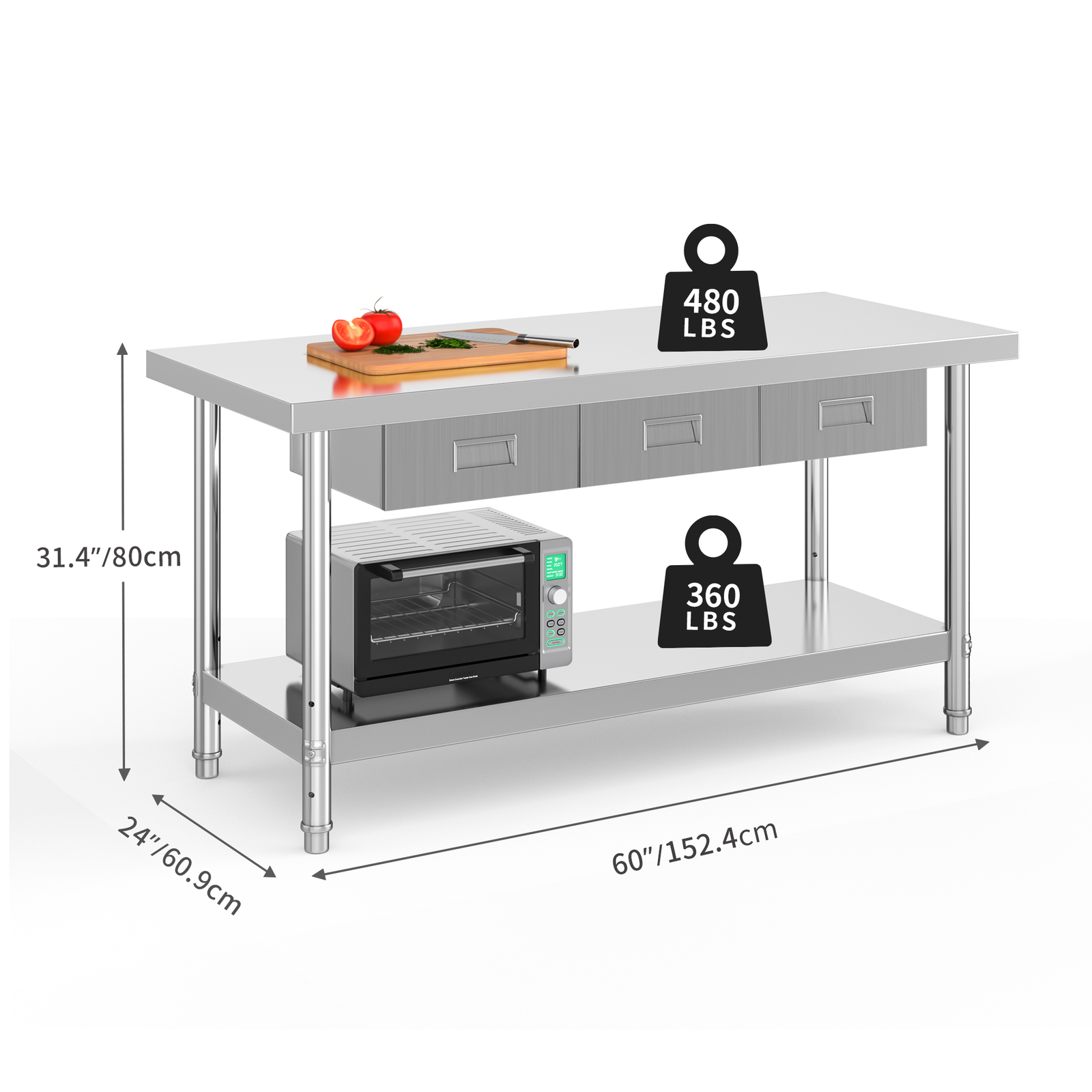60″X24″Stainless Steel Table Metal Table Work Table w/3 Drawers for Home Kitchen