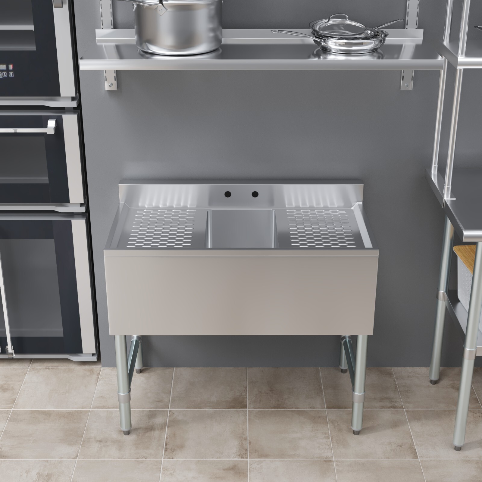 36 in. x 19 in. One Compartment Underbar Sink With Left and Right Drainboards