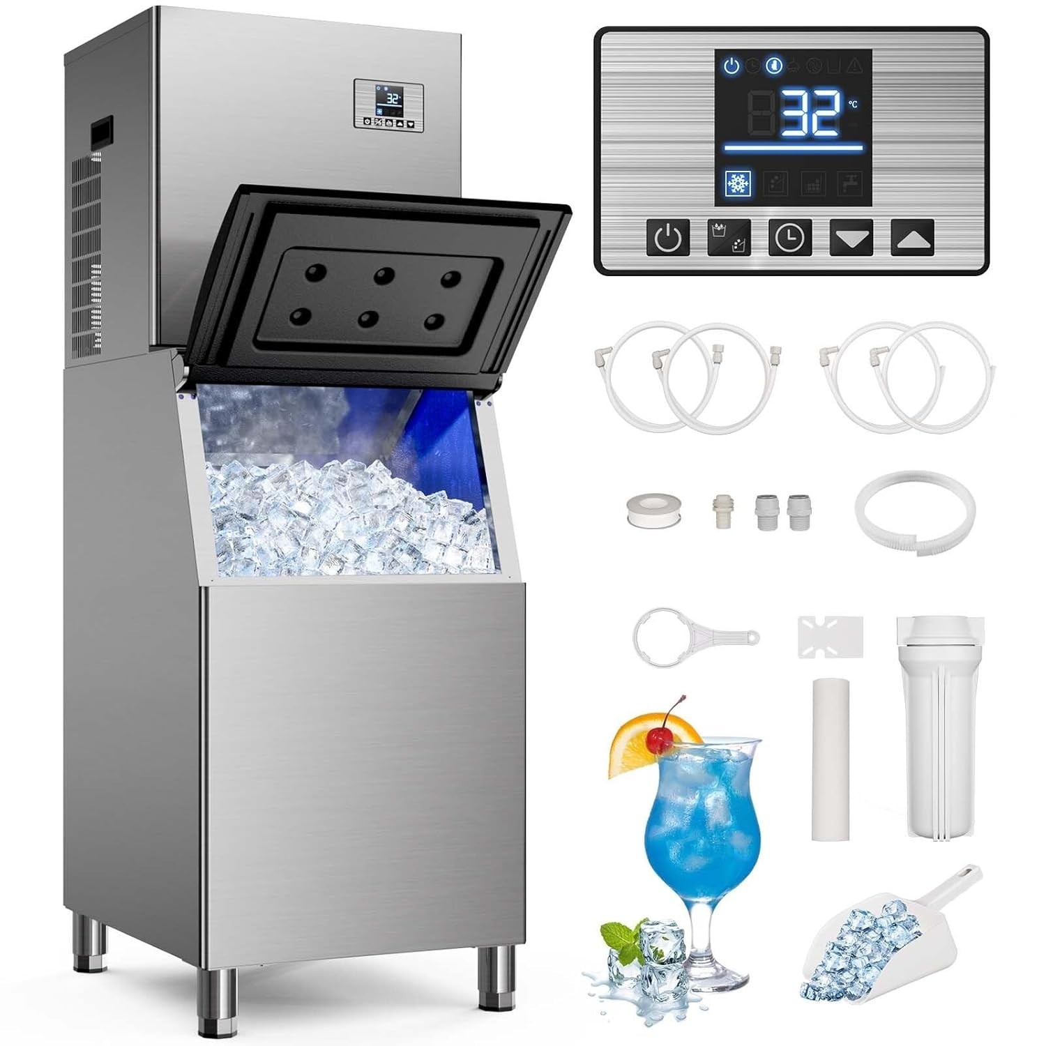Commercial Ice Maker Machine 580LBS/24H, 400lbs Storage Bin, Auto Self-Cleaning