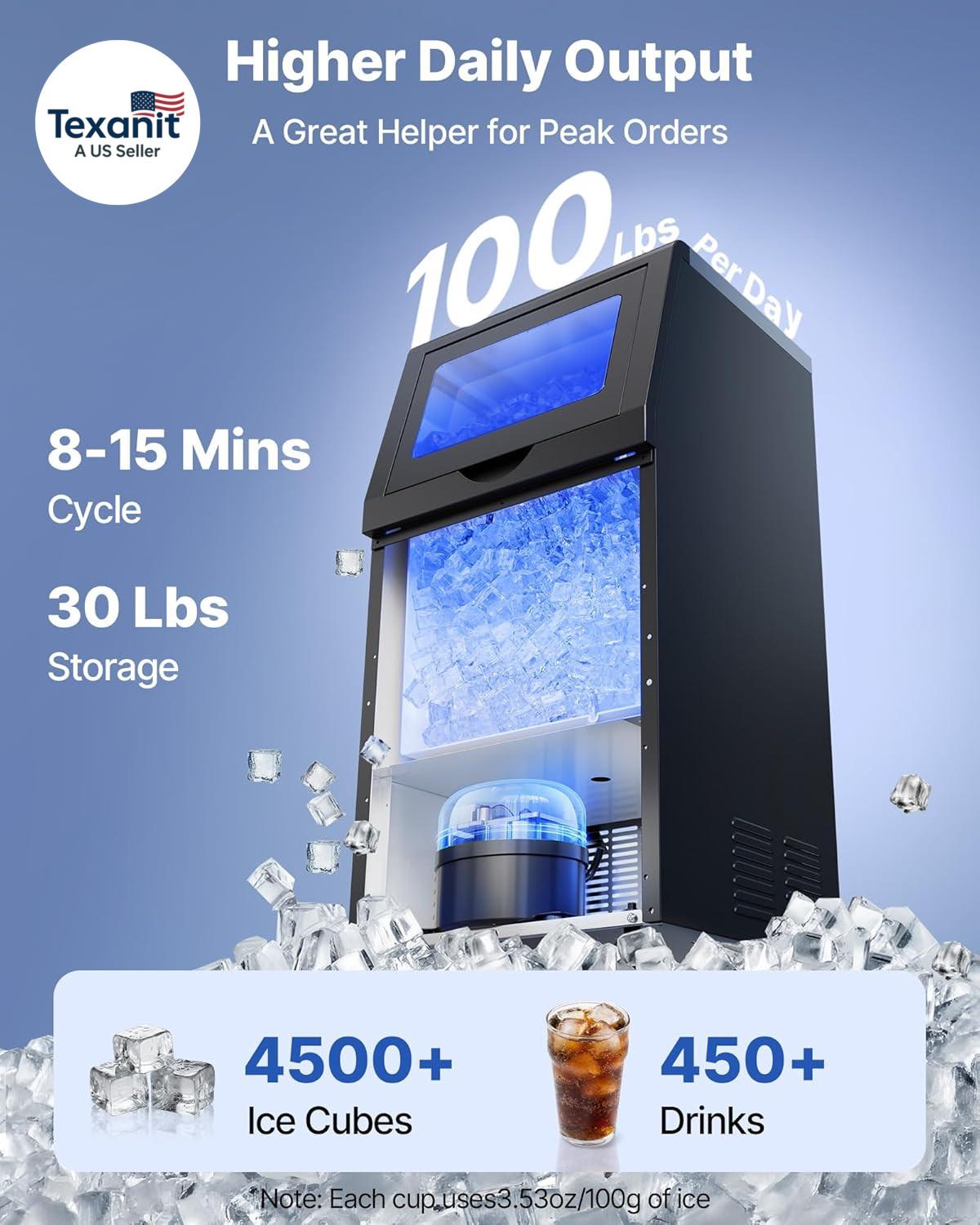 Commercial Ice Maker Machine, 100 Lbs/24H with 30 Lbs Storage Capacity, Built-In