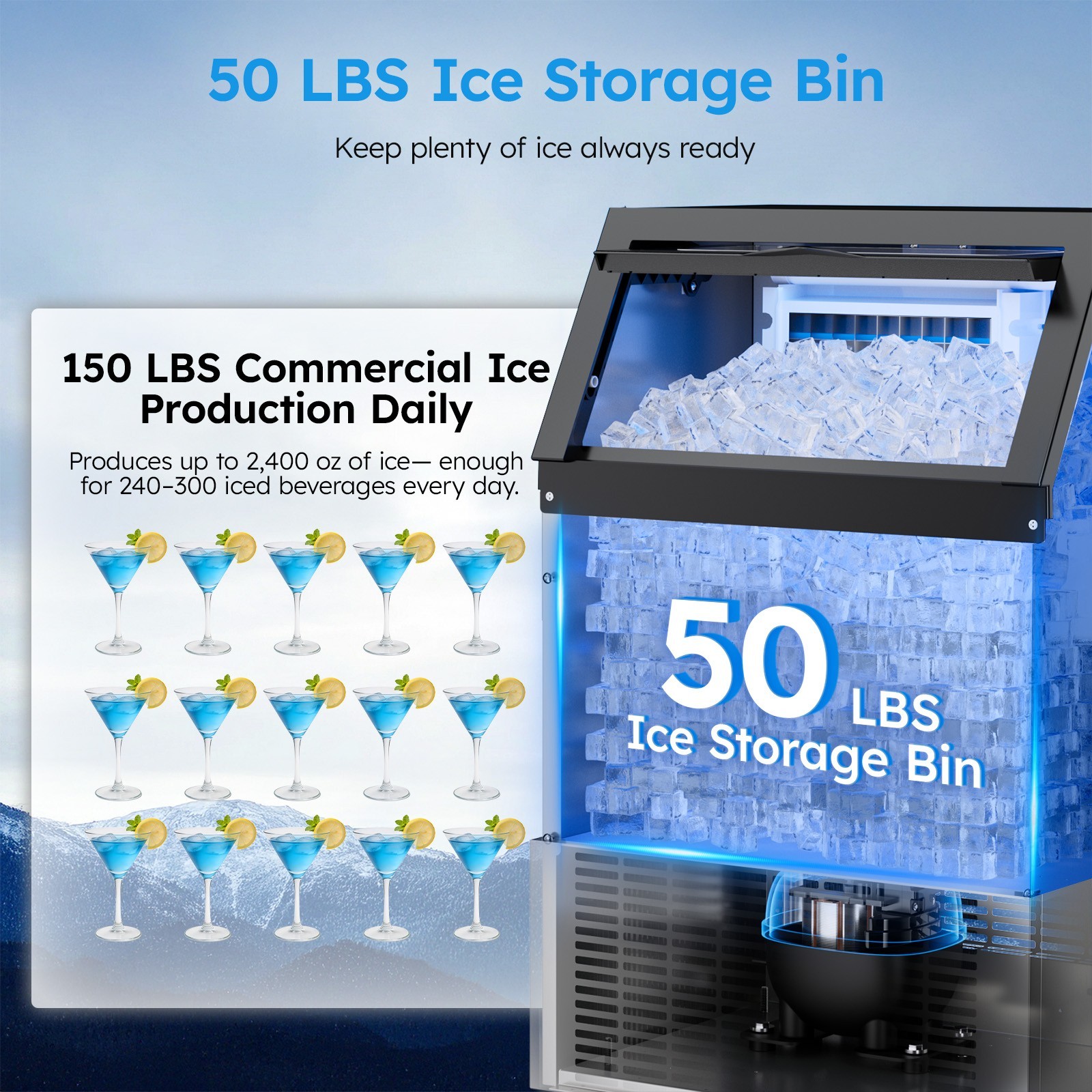 Commercial Ice Machine 100Lbs/24Hrs, 33Lbs Storage，Adjustable Cube Thickness