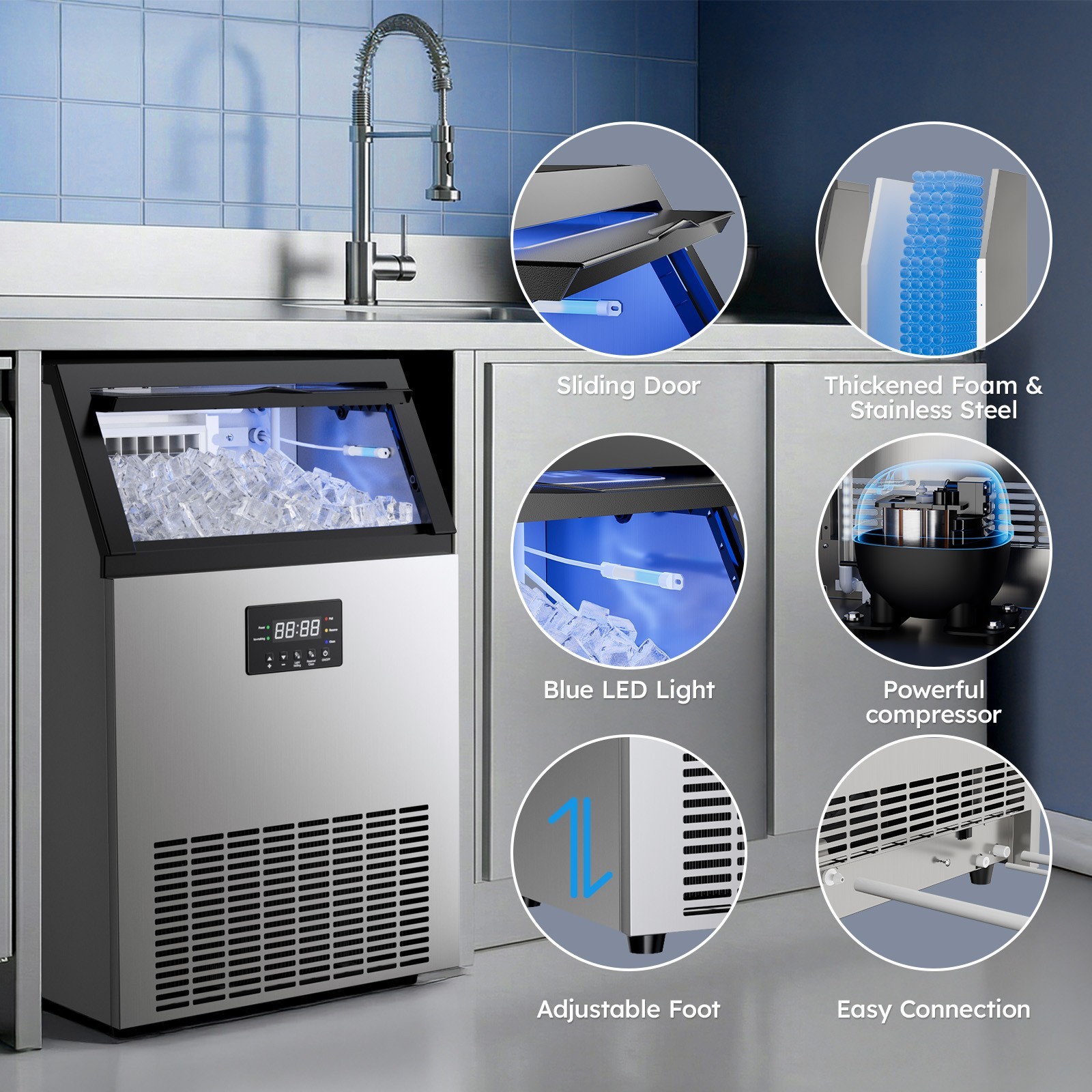 Commercial Ice Machine 100Lbs/24Hrs, 33Lbs Storage，Adjustable Cube Thickness