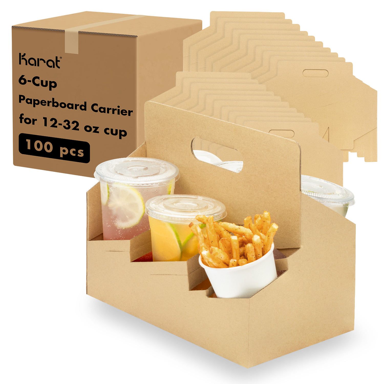 Karat Drink Carrier with Handle for 6 Cups (12-32 oz), Paperboard – 100 pcs