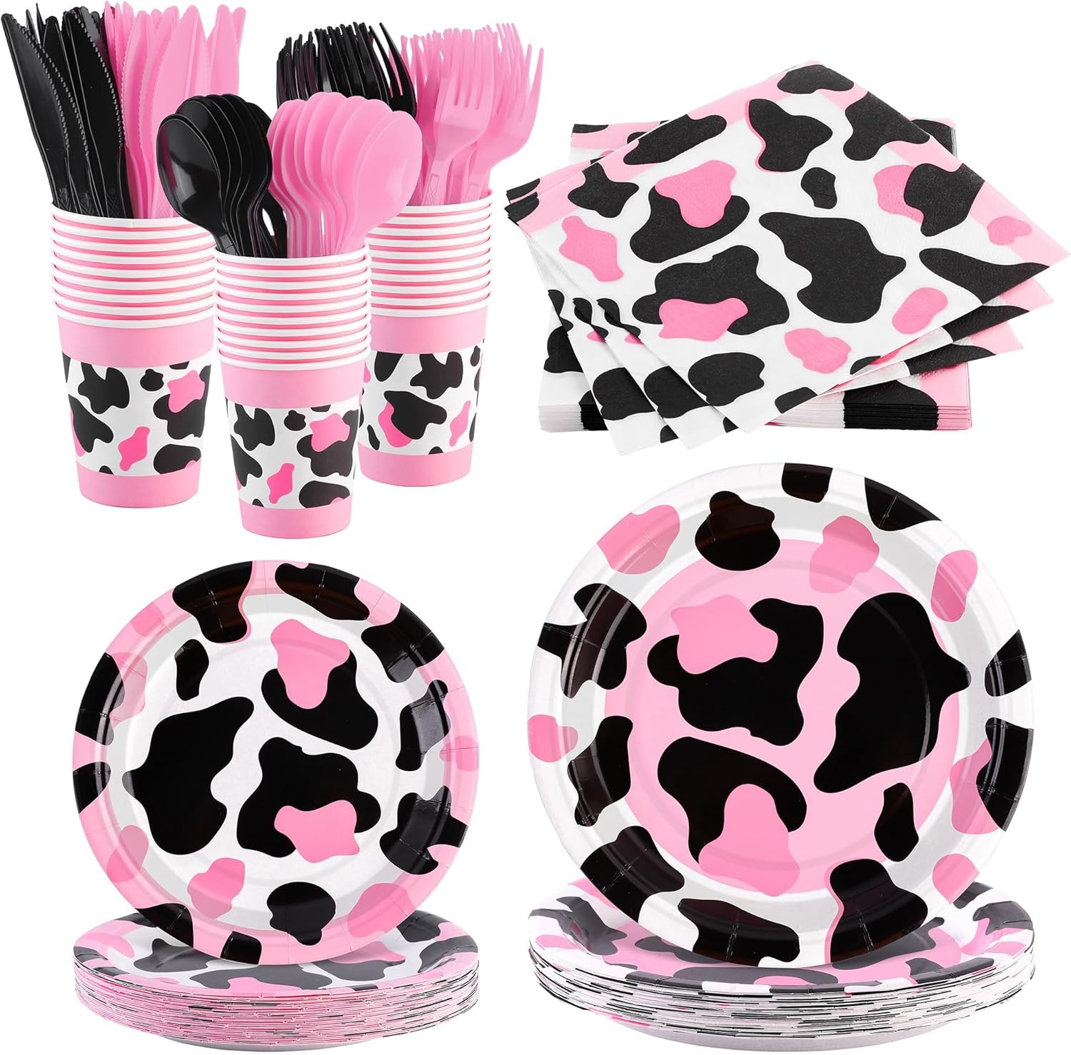 210 Pieces Pink Cow Print Tableware Set Pink Cow Print Party Decorations Paper