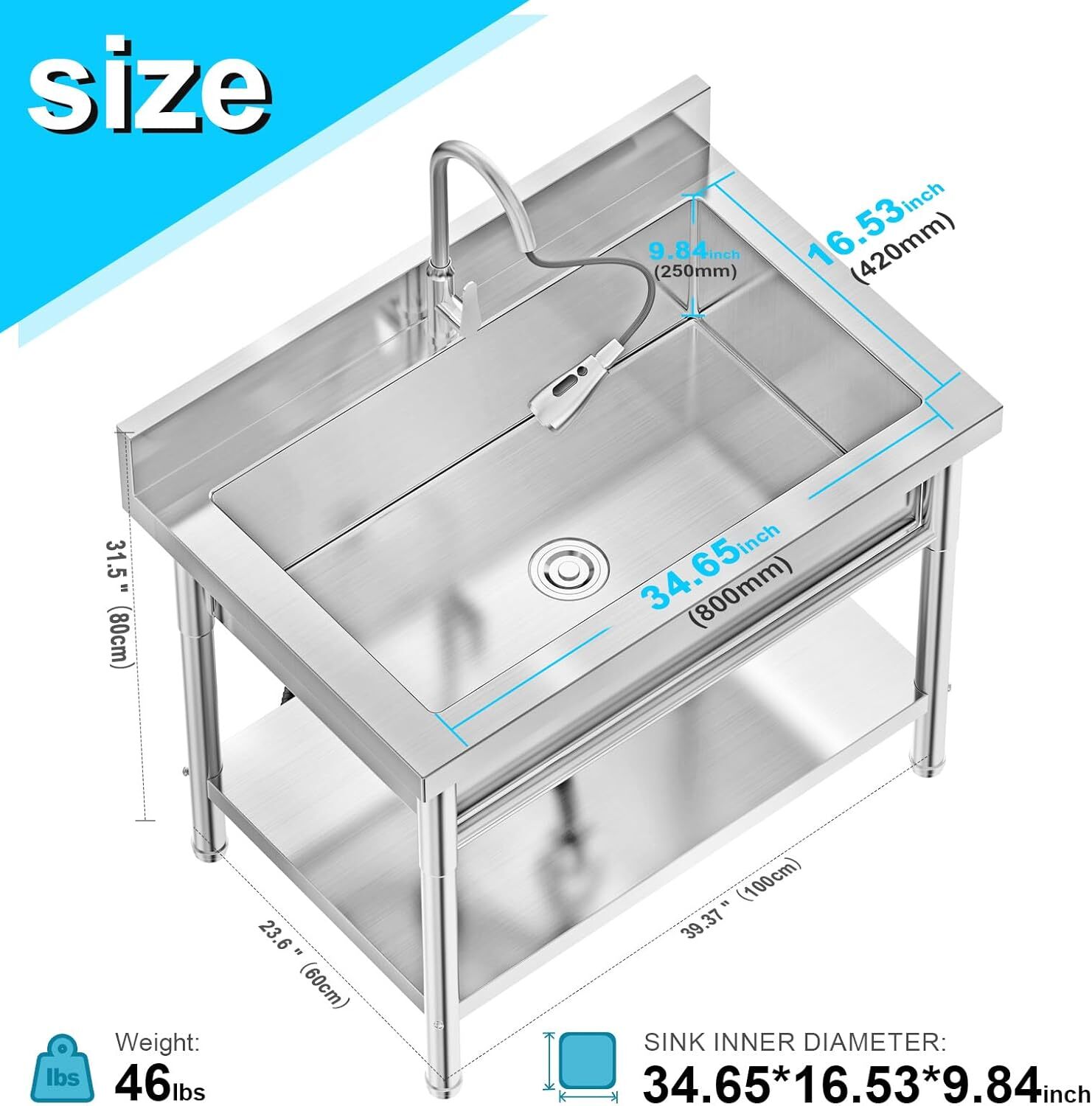 Stainless Steel Sink Free Standing with Pull-Out Faucet for Kitchen Restaurant