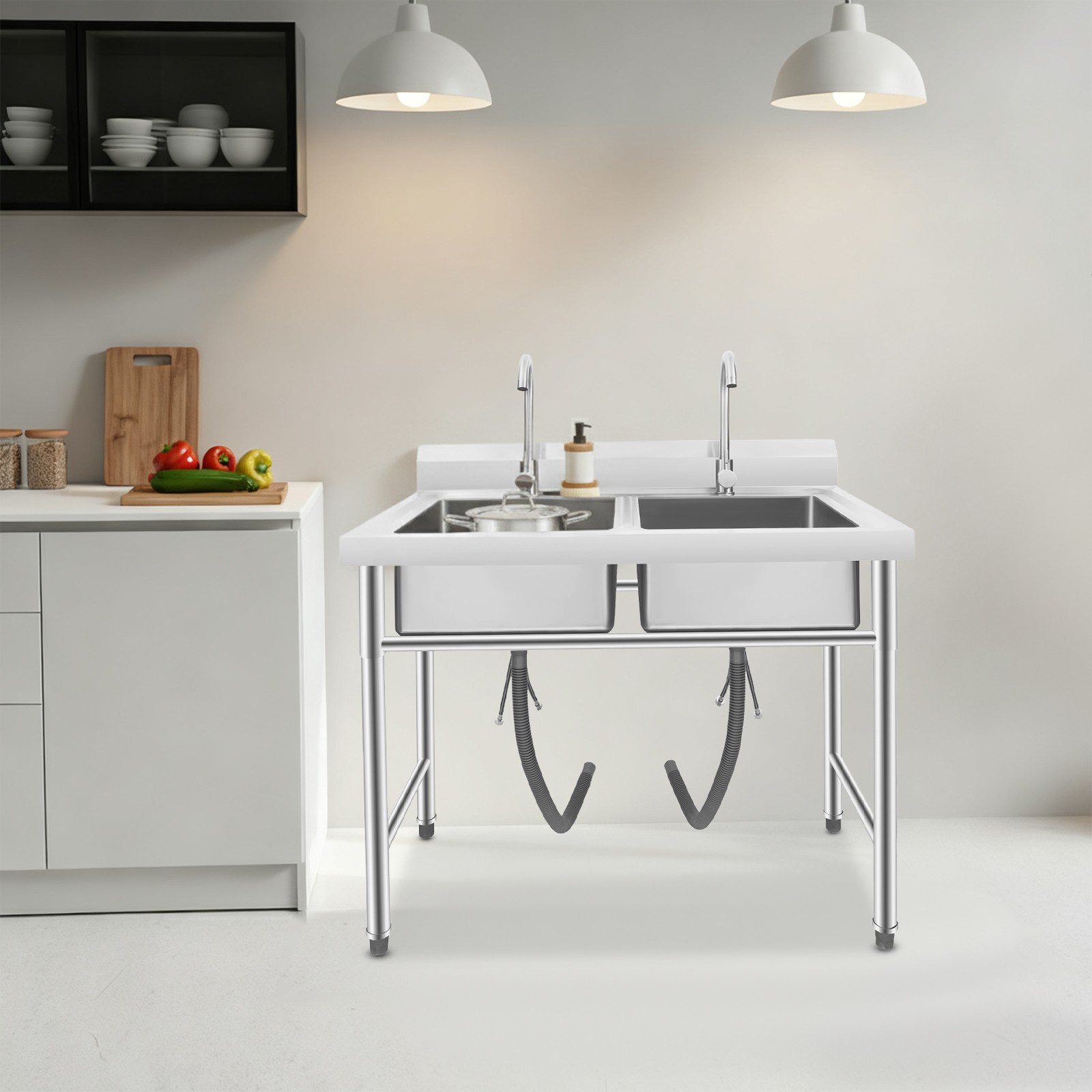 2 Compartment Free Standing Utility Sink for Garage Restaurant, Kitchen, Laundry