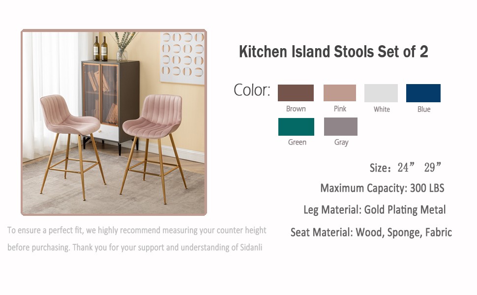 Pink Bar Stools Set of 2, Velvet Counter Stools with Footrests, 24” Armless