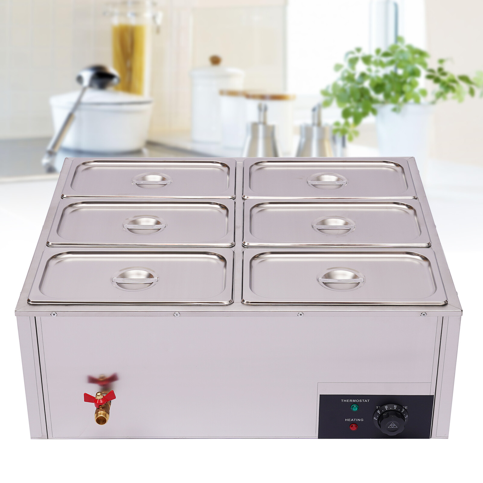 Electric 6-Pot Stainless Steel Food Warmer 850W 30–85°C Bain Marie Countertop