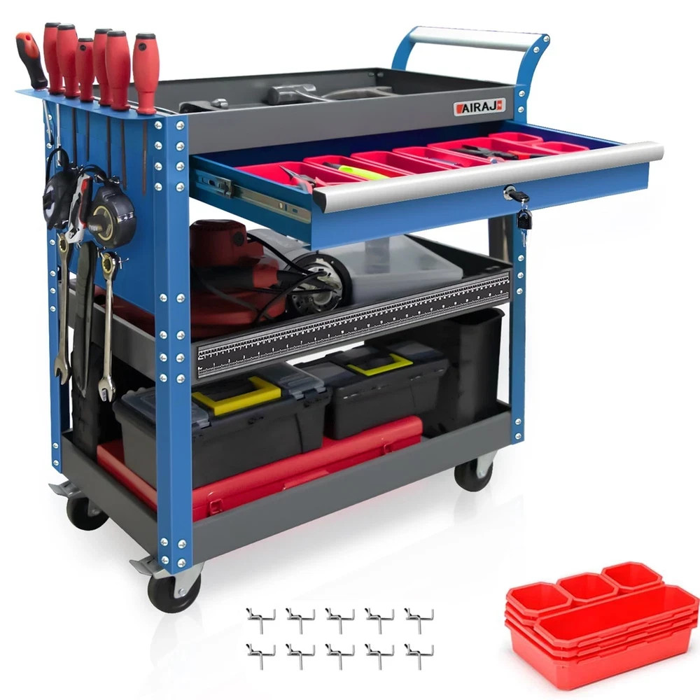 Tool Cart,440LBS Service Cart,4-Tier Tool Cart with Drawers,Hooks,Parts Box and