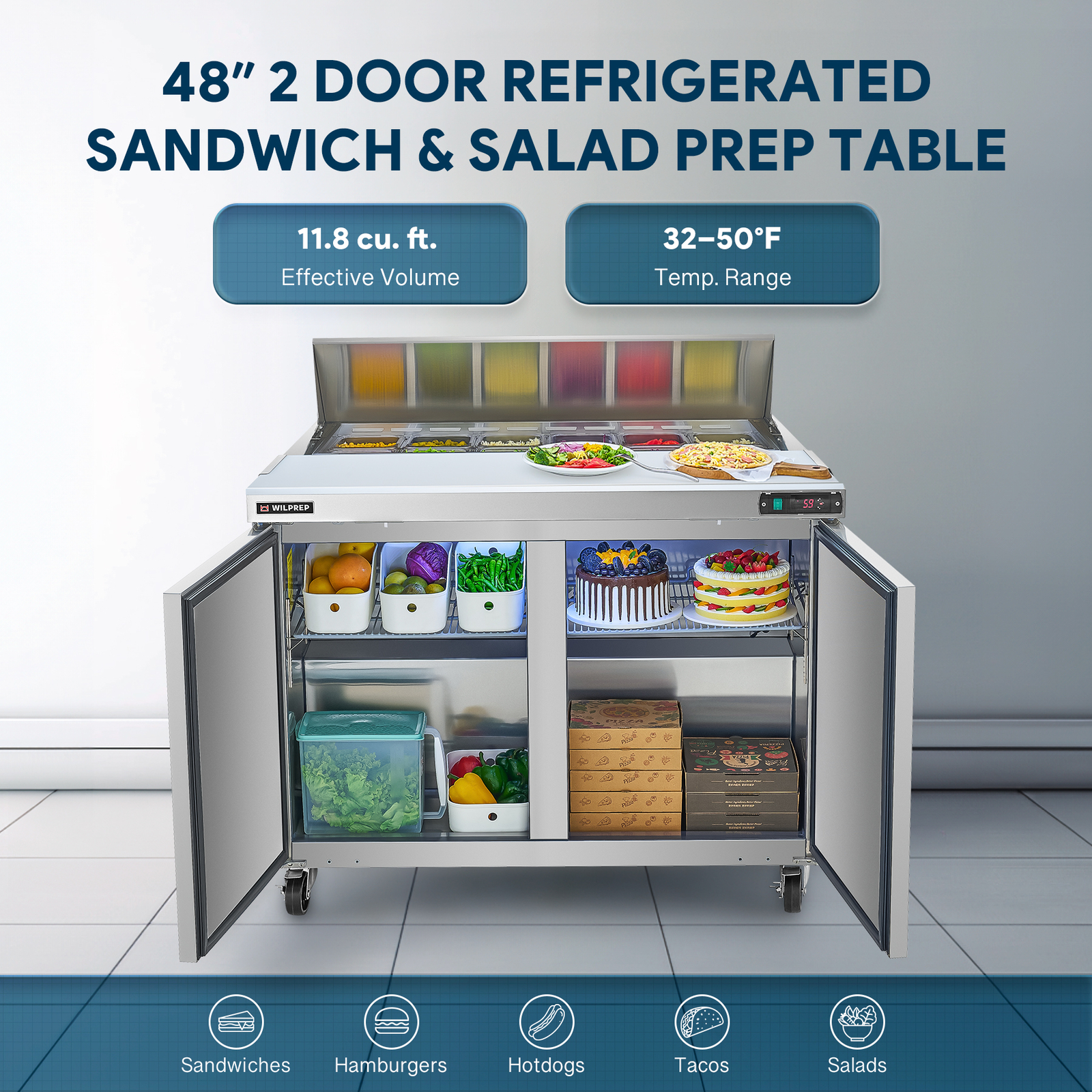 WILPREP 48″ Commercial Refrigerated Salad Sandwich Prep Table 2 Door Cooler ETL