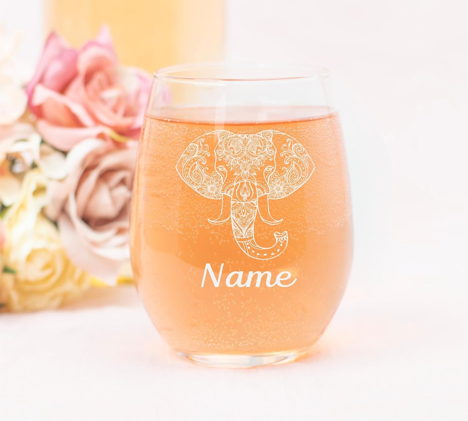 Personalized Elephant Stemless Wine Glass with Name – Custom Elephant Themed