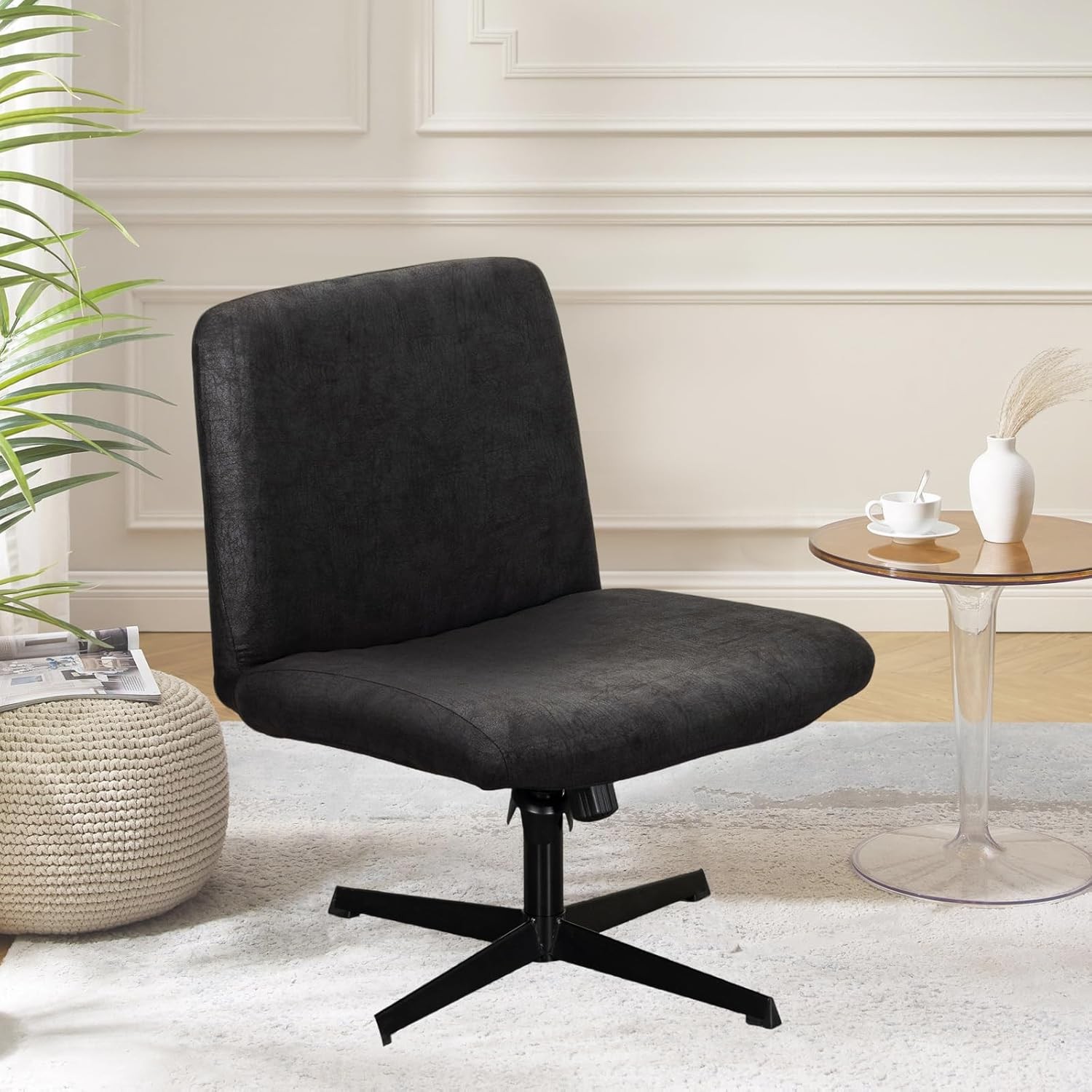 Criss Cross Chair Cover, Faux Leather Looking Stretch Mid Back Wide Armless