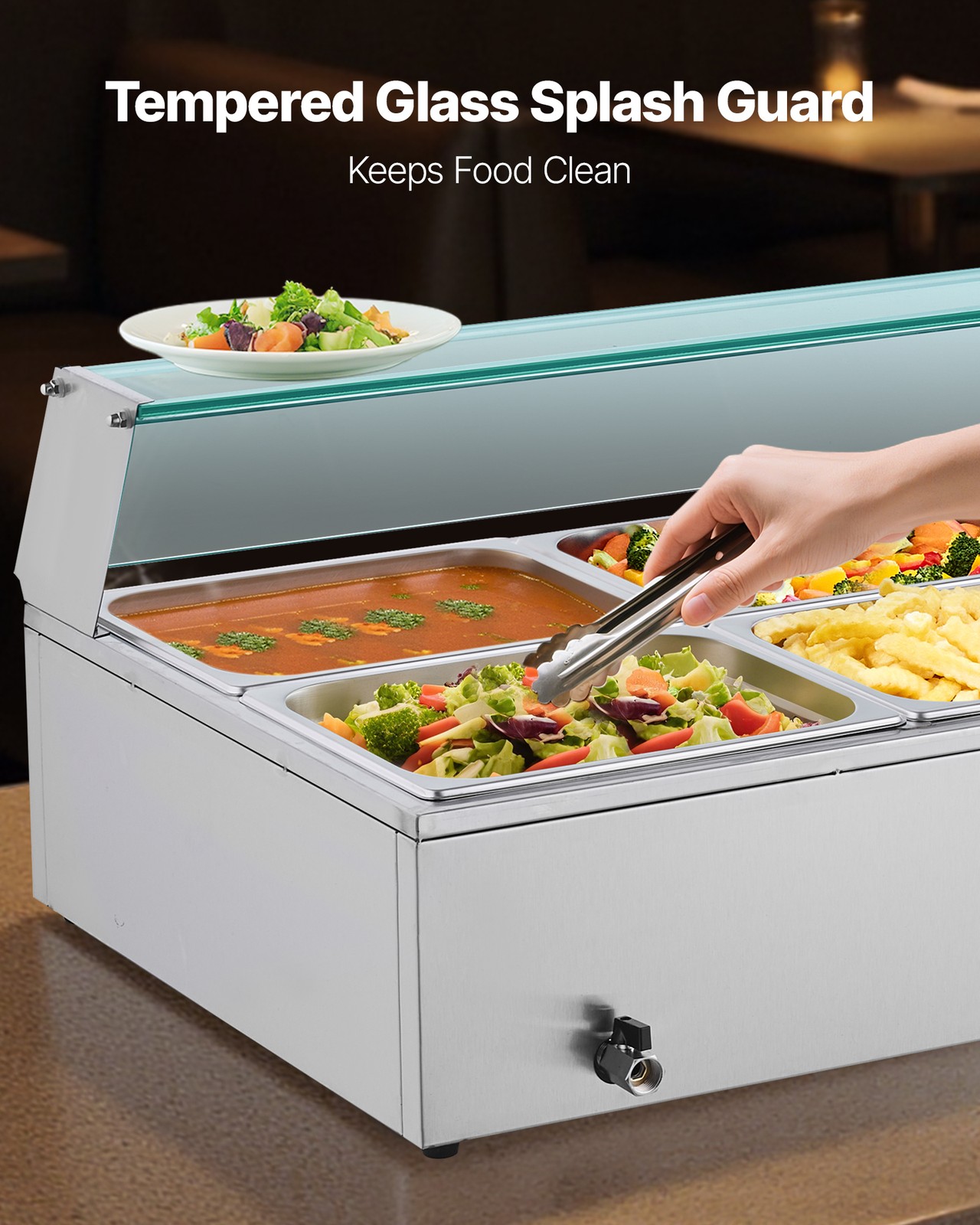 VEVOR Commercial Food Warmer 6x 1/2 Size Pans Buffet Bain Marie with Glass Cover