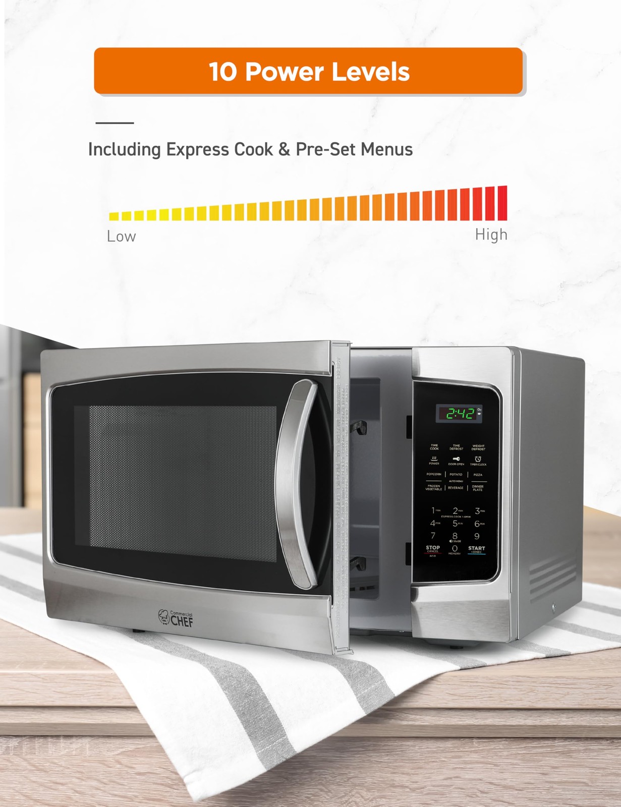 COMMERCIAL CHEF Microwave 1.3 Cu Ft with 10 Cubic Feet, Stainless Steel