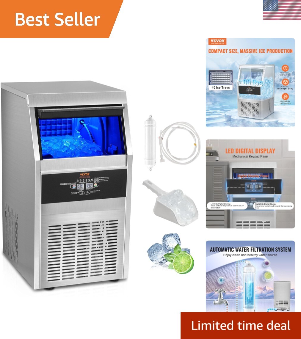 Commercial Ice Maker: 80lbs/24H, 40 Ice Cubes in 15 Min, 24lbs Storage Capacity
