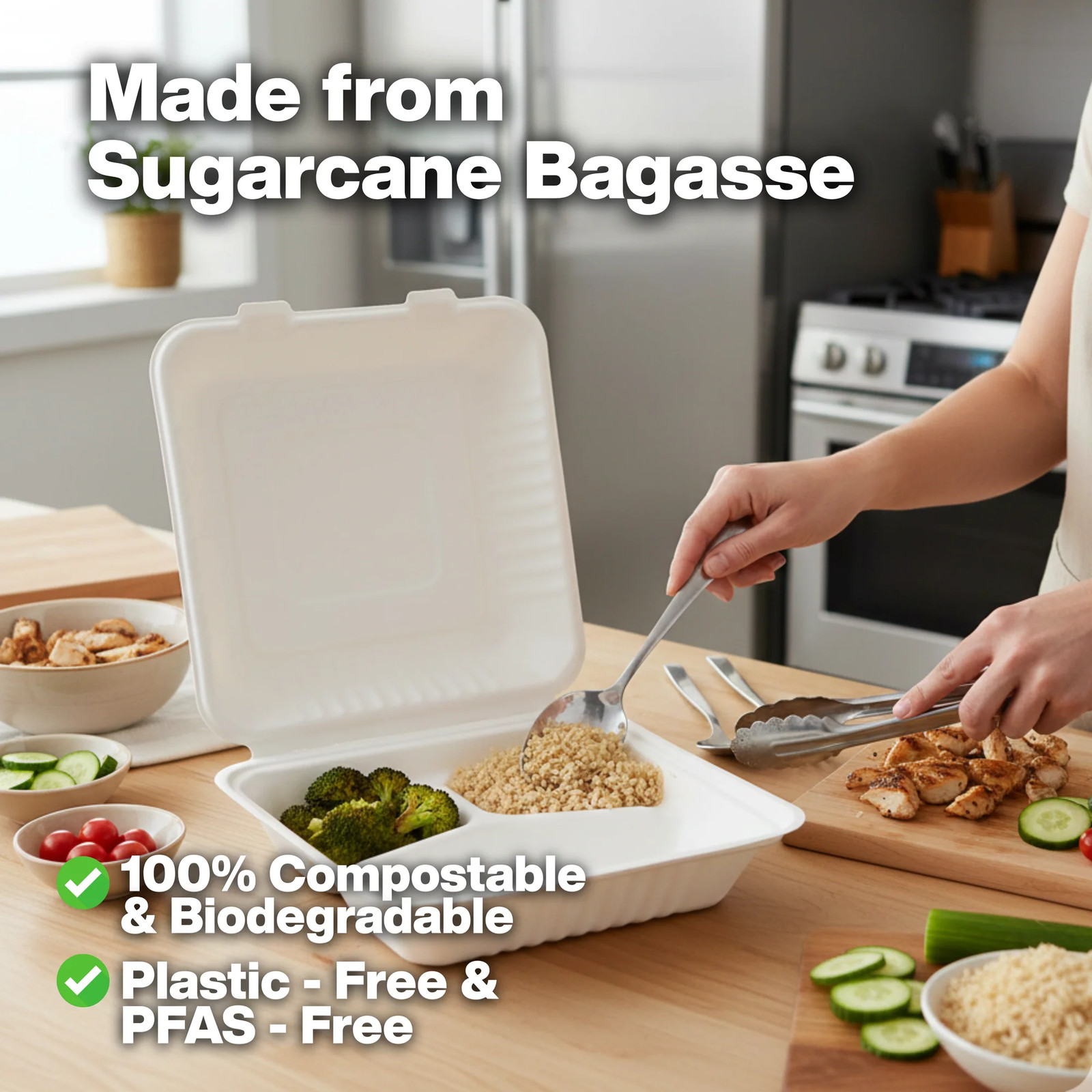 ProTakeOut, [9″ x 9″] 3-Compartment Bagasse | 200 Pack (100/2) Hinged Containers