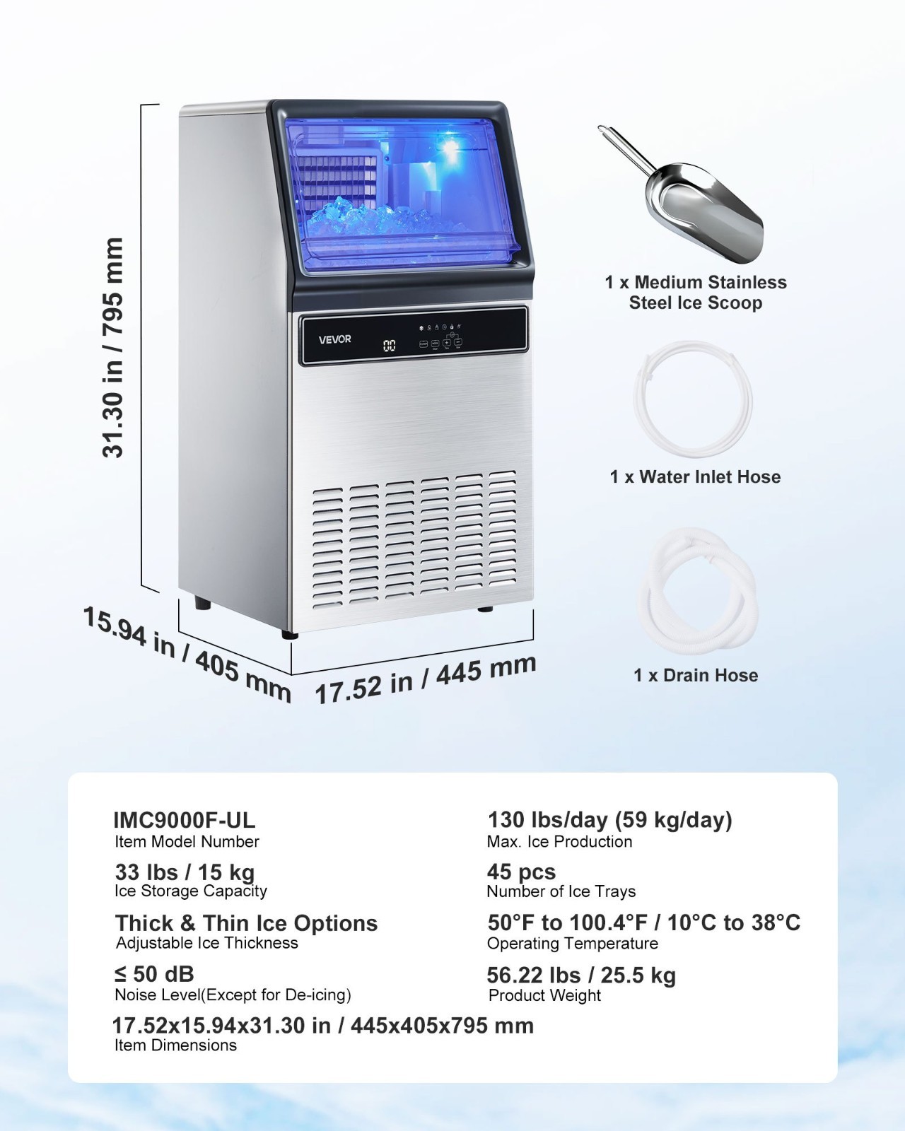 VEVOR Commercial Ice Maker 130 lbs/24h Ice Machine 33 lbs Storage Bar Restaurant