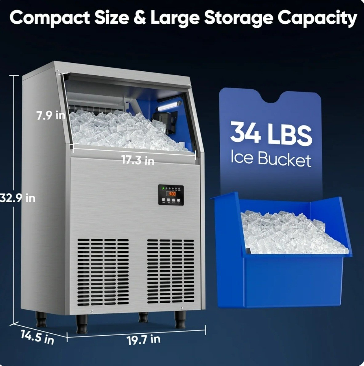 100lb/24H Commercial Ice Maker Under Counter Ice Machine w/ 34lb Ice Bin
