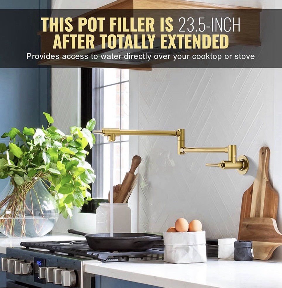 WOWOW Brushed Gold Pot Filler Faucet Wall Mount Folding Kitchen Faucet 304 SS