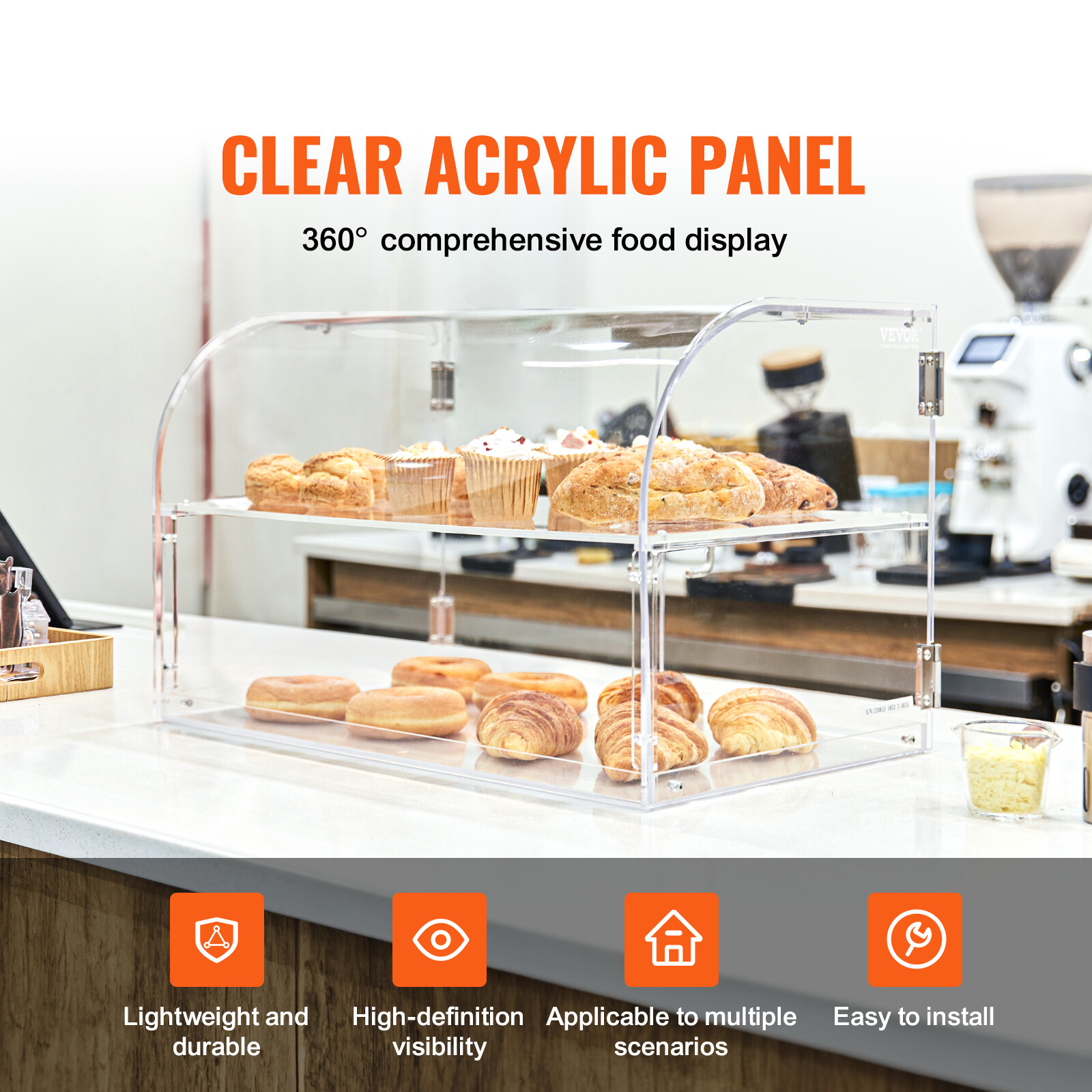 VEVOR 2-Tier Acrylic Bakery Display Case Countertop Donut Pastry Case Rear Door