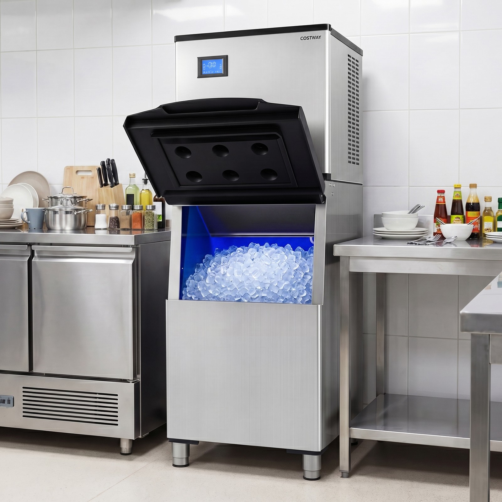 Commercial Ice Maker 450 lbs/24H Ice Machine w/250 lbs Storage Bin Self-cleaning
