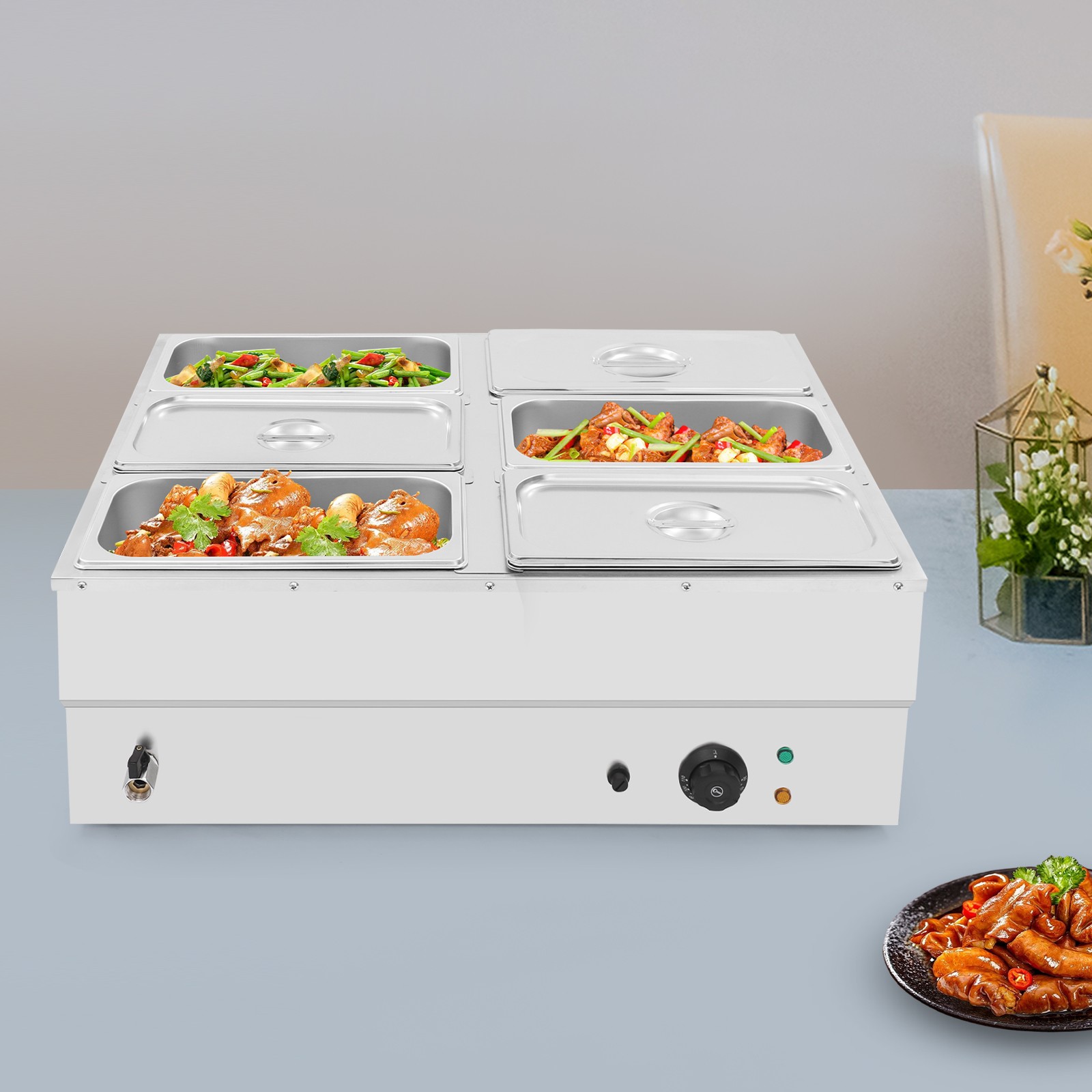 Stainless Steel Soup Warmer Electric Food Warmer 6-Pan Commercial Food Warmer