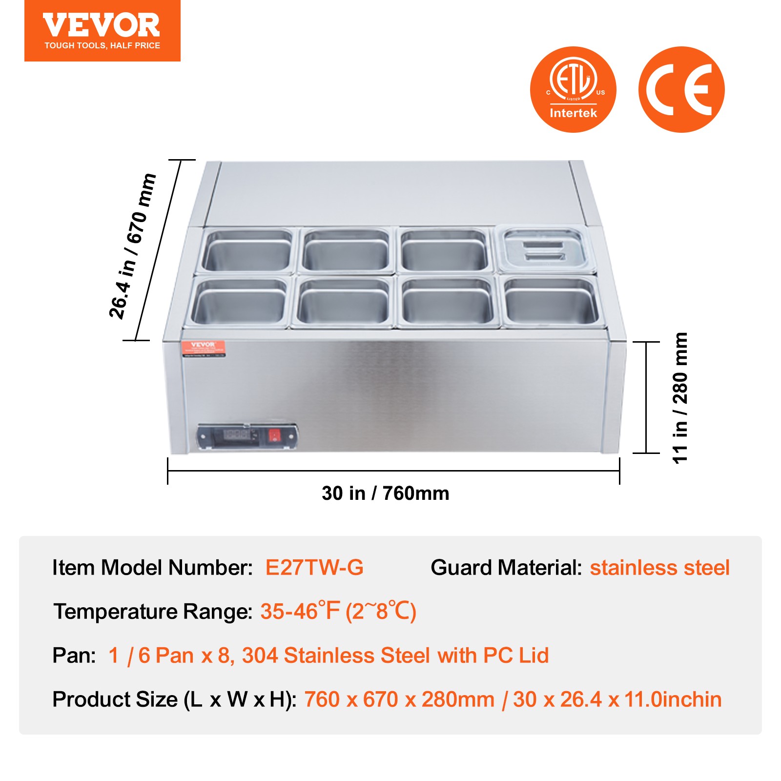 VEVOR Countertop Refrigerated Salad Pizza Prep Station 140 W Stainless Guard ETL